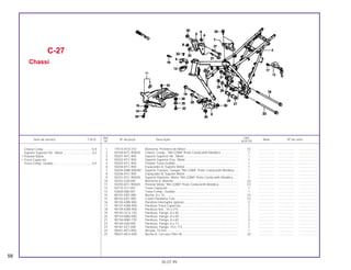 Ref. Qtd.
Item de serviço T.M.O. Nº da peça Descrição Nota Nº de série
Nº XLR125
1 17514-HC0-310 Borracha, Protetora do Motor............................................................. (1) ................... ................... .....................
2 50100-KFC-900ZA Chassi, Comp., *NH-228M* Prata Coelacanth Metálica .................... 1 ................... ................... .....................
3 50201-KFC-900 Suporte Superior Dir., Motor............................................................... 1 ................... ................... .....................
4 50202-KFC-900 Suporte Superior Esq., Motor ............................................................. 1 ................... ................... .....................
5 50203-KFC-900 Fixador Trava Guidão......................................................................... 1 ................... ................... .....................
6 50204-KFC-900 Espaçador A, Suporte Motor.............................................................. 1 ................... ................... .....................
7 50205-KBB-900ZM Suporte Traseiro, Tanque *NH-228M* Prata Coelacanth Metálica .... 1 ................... ................... .....................
8 50206-KFC-900 Espaçador B, Suporte Motor.............................................................. 1 ................... ................... .....................
9 50351-KFC-900ZA Suporte Dianteiro, Motor *NH-228M* Prata Coelacanth Metálica...... 1 ................... ................... .....................
10 50352-428-000 Borracha A, Batente ........................................................................... (2) ................... ................... .....................
11 50355-KFC-900ZA Protetor Motor *NH-228M* Prata Coelacanth Metálica ...................... (1) ................... ................... .....................
12 50710-371-007 Trava Capacete.................................................................................. 1 ................... ................... .....................
13 53600-086-007 Trava Comp., Guidão ......................................................................... 1 ................... ................... .....................
14 80101-KB7-000 Bucha, 8 x 15...................................................................................... (1) ................... ................... .....................
15 80102-KB7-000 Coxim Paralama Tras. ........................................................................ (1) ................... ................... .....................
16 90105-KBB-900 Parafuso Interruptor Ignição............................................................... 2 ................... ................... .....................
17 90107-KW8-900 Parafuso Trava Capacete................................................................... 2 ................... ................... .....................
18 90109-KW8-900 Parafuso Sex., 10 x 215...................................................................... 1 ................... ................... .....................
19 90145-GC4-730 Parafuso, Flange, 8 x 85..................................................................... 2 ................... ................... .....................
20 90154-MA0-000 Parafuso, Flange, 8 x 60..................................................................... 2 ................... ................... .....................
21 90156-MA0-770 Parafuso, Flange, 8 x 65..................................................................... 3 ................... ................... .....................
22 90164-028-000 Parafuso, Flange, 6 x 12..................................................................... 2 ................... ................... .....................
23 90181-KE7-000 Parafuso, Flange, 10 x 113................................................................. 1 ................... ................... .....................
24 90441-MT3-000 Arruela, 10 mm ................................................................................... 1 ................... ................... .....................
25 90501-MC4-000 Bucha A, Carcaça Filtro Ar................................................................. (2) ................... ................... .....................
58
30.07.99
C-27
Chassi
Chassi Comp. ......................................................*4,9
Suporte Superior Dir., Motor .................................0,2
• Protetor Motor
• Trava Capacete
Trava Comp. Guidão .............................................0,5
 