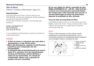 Óleo do Motor
(Observe “Cuidados na Manutenção” página 41).
Especificações
Use apenas óleo para motor 4 tempos Multiviscoso
SAE 20 W-50, com alto teor detergente, de boa qualidade e
que atenda a classificação API-SF.
O único óleo 4 tempos, aprovado e recomendado pela
Honda é o:
MOBIL SUPERMOTO 4T
MULTIVISCOSO
SAE 20 W-50 API-SF
O uso de aditivos é desnecessário e apenas aumentará os
custos operacionais.
a
• O óleo do motor é o elemento que mais afeta o
desempenho e a vida útil do motor.
• Óleos não-detergentes, vegetais ou lubrificantes
específicos para competição não são
recomendados.
• A utilização pelo proprietário/usuário de outros
óleos 4T e, portanto, fora das especificações
técnicas do fabricante, poderá danificar o
motor de sua motocicleta, em virtude de
carbonização. Nesse caso, a garantia do
produto não será concedida.
Se em sua cidade for difícil a aquisição do óleo
MOBIL SUPERMOTO 4T – API SF – SAE 20 W-50,
contacte sua concessionária autorizada Honda,
que sempre terá o óleo aprovado para servi-lo. A
correta lubrificação do motor da motocicleta
depende da qualidade do óleo utilizado.
Troca do óleo do motor/Tela do filtro
A qualidade do óleo do motor é um dos fatores que mais
afetam a vida útil do motor. Troque o óleo do motor a cada
1.500 km de acordo com o especificado na tabela de
manutenção (pág. 38).
NOTA
Troque o óleo enquanto o motor estiver quente
(temperatura normal de funcionamento), com a
motocicleta apoiada no cavalete lateral para assegurar
uma drenagem rápida e completa do óleo.
Manual do Proprietário 43
(4)
(2)
(3)
(1)
(1) Bujão da tela do
filtro de óleo
(2) Mola
(3) Tela do filtro de
óleo
(4) Anel de vedação
 