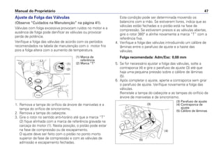Manual do Proprietário 47
Esta condição pode ser determinada movendo os
balancins com a mão. Se estiverem livres, indica que as
válvulas estão fechadas e o pistão está na fase de
compressão. Se estiverem presos e as válvulas abertas,
gire o rotor 360° e alinhe novamente a marca “T” com a
referência fixa.
4. Verifique a folga das válvulas introduzindo um cálibre de
lâminas entre o parafuso de ajuste e a haste das
válvulas.
Folga recomendada: Adm/Esc: 0,08 mm
5. Se for necessário ajustar a folga das válvulas, solte a
contraporca (4) e gire o parafuso de ajuste (3) até que
haja uma pequena pressão sobre o cálibre de lâminas
(5).
6. Após completar o ajuste, aperte a contraporca sem girar
o parafuso de ajuste. Verifique novamente a folga das
válvulas.
Reinstale a tampa do cabeçote e as tampas do orifício da
árvore de manivelas e de sincronismo.
Ajuste da Folga das Válvulas
(Observe “Cuidados na Manutenção” na página 41).
Válvulas com folga excessiva provocam ruídos no motor e a
ausência de folga pode danificar as válvulas ou provocar
perda de potência.
Verifique a folga das válvulas de acordo com os períodos
recomendados na tabela de manutenção com o motor frio
pois a folga altera com o aumento de temperatura.
1. Remova a tampa do orifício da árvore de manivelas e a
tampa do orifício de sincronismo.
2. Remova a tampa do cabeçote.
3. Gire o rotor no sentido anti-horário até que a marca “T”
(2) fique alinhada com a marca de referência gravada na
carcaça do motor (1). Nesta posição, o pistão pode estar
na fase de compressão ou de escapamento.
O ajuste deve ser feito com o pistão no ponto morto
superior da fase de compressão e com as válvulas de
admissão e escapamento fechadas.
(1) Marca de
referência
(2) Marca “T”
(1)
(2)
(3)
(4)
(5)
(3) Parafuso de ajuste
(4) Contraporca de
ajuste
(5) Cálibre de lâminas
 