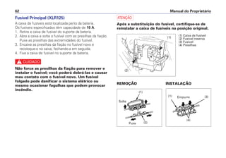 Manual do Proprietário
62
Fusível Principal (XLR125)
A caixa de fusíveis está localizada perto da bateria.
Os fusíveis especificados têm capacidade de 10 A.
1. Retire a caixa de fusível do suporte da bateria.
2. Abra a caixa e solte o fusível com as presilhas da fiação.
Puxe as presilhas das extremidades do fusível.
3. Encaixe as presilhas da fiação no fusível novo e
recoloque-o na caixa, fechando-a em seguida.
4. Fixe a caixa de fusível no suporte da bateria.
c
Não force as presilhas da fiação para remover e
instalar o fusível; você poderá dobrá-las e causar
mau contato com o fusível novo. Um fusível
folgado pode danificar o sistema elétrico ou
mesmo ocasionar fagulhas que podem provocar
incêndio.
a
Após a substituição do fusível, certifique-se de
reinstalar a caixa de fusíveis na posição original.
REMOÇÃO INSTALAÇÃO
Solte
Puxe
Empurre
(1)
(1)
(1)
(3)
(3)
(4)
(4)
(2)
(1) Caixa de fusível
(2) Fusível reserva
(3) Fusível
(4) Presilhas
 