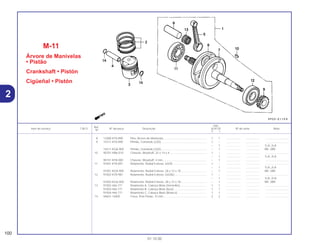 Ref.
Qtd.
Item de serviço T.M.O. Nº da peça Descrição XLR125 Nº de série Nota
Nº
Y 1
8 13380-KY0-890 Pino, Árvore de Manivelas....................................................... 1 1 .................. .................. ..............................
9 14311-KY0-890 Pinhão, Comando (22D).......................................................... 1 – .................. .................. ..............................
– 1 .................. .................. 1LA, 2LA
14311-KGA-900 Pinhão, Comando (22D).......................................................... – 1 .................. .................. BR, 2BR
10 90701-HB6-010 Chaveta, Woodruff, 25 x 14 x 4 ............................................... 1 – .................. .................. ..............................
– 1 .................. .................. 1LA, 2LA
90741-KFB-000 Chaveta, Woodruff, 4 mm........................................................ – 1 .................. .................. ..............................
11 91001-KY0-891 Rolamento, Radial Esferas, 63/28 ........................................... 1 – .................. .................. ..............................
– 1 .................. .................. 1LA, 2LA
91001-KGA-900 Rolamento, Radial Esferas, 28 x 72 x 18................................. – 1 .................. .................. BR, 2BR
12 91002-KY0-981 Rolamento, Radial Esferas, 63/28U......................................... 1 – .................. .................. ..............................
– 1 .................. .................. 1LA, 2LA
91002-KGA-900 Rolamento, Radial Esferas, 28 x 72 x 18................................. – 1 .................. .................. BR, 2BR
13 91002-446-771 Rolamento A, Cabeça Biela (Vermelho).................................. 1 1 .................. .................. ..............................
91003-446-771 Rolamento B, Cabeça Biela (Azul).......................................... 1 1 .................. .................. ..............................
91004-446-771 Rolamento C, Cabeça Biela (Branco) ..................................... 1 1 .................. .................. ..............................
14 94601-15000 Trava, Pino Pistão, 15 mm....................................................... 2 2 .................. .................. ..............................
M-11
Árvore de Manivelas
• Pistão
Crankshaft • Pistón
Cigüeñal • Pistón
100
01.10.00
2
 