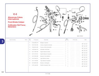 Ref.
Qtd.
Item de serviço T.M.O. Nº da peça Descrição XLR125 Nº de série Nota
Nº
Y 1
11 53166-MK5-010 Manopla, Esquerda ................................................................. 1 – .................. .................. ..............................
– 1 .................. .................. BR, 1LA, 2LA
12 53167-KA2-000 Carcaça, Superior Acelerador ................................................ 1 – .................. .................. ..............................
– 1 .................. .................. BR, 1LA, 2LA
13 53168-KA2-000 Carcaça, Inferior Acelerador................................................... 1 – .................. .................. ..............................
– 1 .................. .................. BR, 1LA, 2LA
14 53169-HB7-010 Deslizador, Acelerador............................................................ 1 – .................. .................. ..............................
– 1 .................. .................. BR, 1LA, 2LA
15 53171-KB7-000 Suporte Alavanca Direita......................................................... 1 – .................. .................. ..............................
– 1 .................. .................. BR, 1LA, 2LA
16 53172-310-010 Suporte Alavanca Esquerda ................................................... 1 – .................. .................. ..............................
– 1 .................. .................. BR, 1LA, 2LA
17 53175-KB7-000 Alavanca, Freio Dianteiro ........................................................ 1 – .................. .................. ..............................
– 1 .................. .................. BR, 1LA, 2LA
18 53176-428-010 Capa Alavanca Direita ............................................................ 1 – .................. .................. ..............................
– 1 .................. .................. BR, 1LA, 2LA
19 53177-430-000 Capa Alavanca Esquerda ....................................................... 1 – .................. .................. ..............................
– 1 .................. .................. BR, 1LA, 2LA
20 53178-KB7-000 Alavanca, Embreagem............................................................ 1 – .................. .................. ..............................
– 1 .................. .................. BR, 1LA, 2LA
21 53192-268-000 Parafuso, Ajustador Cabo ....................................................... 2 – .................. .................. ..............................
– 2 .................. .................. BR, 1LA, 2LA
C-3
Alavancas Cabos
Interruptores
Front Brake Caliper
Calibrador Del Freno
Delantero
128
01.10.00
3
 