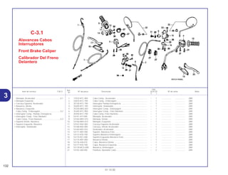 Ref.
Qtd.
Item de serviço T.M.O. Nº da peça Descrição XLR125 Nº de série Nota
Nº
Y 1
1 17910-KFC-900 Cabo Comp., Acelerador ........................................................ – 1 .................. .................. 2BR
2 22870-KFC-790 Cabo Comp., Embreagem ...................................................... – 1 .................. .................. 2BR
3 35130-KFC-790 Interruptor Partida Emergência ............................................... – 1 .................. .................. 2BR
4 35200-KFC-790 Interruptor, Sinalizador ............................................................ – 1 .................. .................. 2BR
5 35330-MK5-003 Interruptor Comp., Embreagem .............................................. – 1 .................. .................. 2BR
6 35340-KFC-900 Interruptor Comp., Freio Dianteiro........................................... – 1 .................. .................. 2BR
7 45450-KFC-790 Cabo Comp.,Freio Dianteiro.................................................... – 1 .................. .................. 2BR
8 53141-437-000 Manopla, Acelerador............................................................... – 1 .................. .................. 2BR
9 53165-MK5-010 Manopla, Direita ...................................................................... – 1 .................. .................. 2BR
10 53166-MK5-010 Manopla, Esquerda ................................................................. – 1 .................. .................. 2BR
11 53167-KA2-000 Carcaça Superior Acelerador ................................................. – 1 .................. .................. 2BR
12 53168-KA2-000 Carcaça, Inferior Acelerador................................................... – 1 .................. .................. 2BR
13 53169-KB7-010 Deslizador, Acelerador............................................................ – 1 .................. .................. 2BR
14 53171-KB7-000 Suporte, Alavanca Freio .......................................................... – 1 .................. .................. 2BR
15 53172-KS5-700 Suporte Alavanca Embreagem ............................................... – 1 .................. .................. 2BR
16 53174-KE1-000 Suporte Esquerdo Alavanca Freio .......................................... – 1 .................. .................. 2BR
17 53175-KB7-000 Alavanca Direita ...................................................................... – 1 .................. .................. 2BR
18 53176-428-010 Capa, Alavanca Direita ........................................................... – 1 .................. .................. 2BR
19 53177-KS5-700 Capa, Alavanca Esquerda ...................................................... – 1 .................. .................. 2BR
20 53178-MCG-000 Alavanca, Embreagem............................................................ – 1 .................. .................. 2BR
21 53192-268-000 Parafuso, Ajustador Cabo ....................................................... – 2 .................. .................. 2BR
C-3.1
Alavancas Cabos
Interruptores
Front Brake Caliper
Calibrador Del Freno
Delantero
132
01.10.00
Manopla, Acelerador.............................................0,1
• Manopla Esquerda
• Carcaça Superior, Acelerador
• Alavanca, Direita
• Alavanca, Esquerda
Cabo Comp., Embreagem ....................................0,2
• Interruptor Comp., Partida, Emergência
• Interruptor Comp., Freio Dianteiro
Cabo Comp., Freio Dianteiro.................................0,3
• Suporte Direito, Alavanca
• Suporte Esquerdo, Alavanca
• Interruptor, Sinalizador
3
 