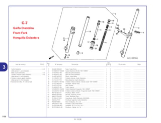 Ref.
Qtd.
Item de serviço T.M.O. Nº da peça Descrição XLR125 Nº de série Nota
Nº
Y 1
1 45468-399-620 Guia, Cabo Freio ..................................................................... 1 1 .................. .................. ..............................
2 51400-KFC-930ZA Garfo Dianteiro Direito *NH-109MS* ....................................... 1 1 .................. .................. ..............................
3 51401-KFC-901 Mola A Garfo Dianteiro ............................................................ 2 2 .................. .................. ..............................
4 51402-KFC-901 Mola B Garfo Dianteiro ............................................................ 2 2 .................. .................. ..............................
5 51403-362-010 Placa, Junta Mola .................................................................... 2 2 .................. .................. ..............................
6 51410-KFC-901 Cilindro Interno, Garfo Dianteiro.............................................. 2 2 .................. .................. ..............................
7 51412-331-770 Mola Batente, Garfo Dianteiro ................................................. 2 2 .................. .................. ..............................
8 51420-KFC-901ZA Cilindro Externo Inferior, Direito Garfo *NH-109MS* ............... 1 1 .................. .................. ..............................
9 51432-388-003 Vedador, Inferior Óleo ............................................................. 2 2 .................. .................. ..............................
10 51437-373-781 Anel, Pistão.............................................................................. 2 2 .................. .................. ..............................
11 51440-KFC-901 Tubo, Interno ........................................................................... 2 2 .................. .................. ..............................
12 51500-KFC-930ZA Garfo Dianteiro Esquerdo *NH-109MS* .................................. 1 1 .................. .................. ..............................
13 51520-KFC-901ZA Cilindro Externo Inferior, Esquerdo Garfo *NH-109MS*.......... 1 1 .................. .................. ..............................
14 90116-383-721 Parafuso, Allen, 8 mm ............................................................. 2 2 .................. .................. ..............................
15 90544-283-000 Arruela, Especial, 8 mm .......................................................... 2 2 .................. .................. ..............................
16 90601-354-000 Trava, Retentor Óleo ............................................................... 2 2 .................. .................. ..............................
17 91254-437-003 Guarnição, Garfo Dianteiro (SHOWA)..................................... 2 2 .................. .................. ..............................
18 94605-27101 Parafuso Superior Garfo Dianteiro .......................................... 2 2 .................. .................. ..............................
19 94608-50000 Anel, Vedação, 23 x 2,8 .......................................................... 2 2 .................. .................. ..............................
20 44832-KFC-900 Presilha, Cabo Velocímeto ...................................................... 1 1 .................. .................. ..............................
21 91255-GAA-003 Vedador, Pó, 31 x 43 x 10,3 .................................................... 2 2 .................. .................. ..............................
22 95701-06016-00 Parafuso, Flange, 6 x 16.......................................................... 2 2 .................. .................. ..............................
C-7
Garfo Dianteiro
Front Fork
Horquilla Delantera
144
01.10.00
Garfo Dianteiro ......................................................0,4
(Adicionar 0,1 por Unidade)
Mola, Garfo Dianteiro.............................................0,2
Cilindro Interno Garfo Dianteiro.............................0,8
(Adicionar 0,5 por Unidade)
• Cilindro Externo garfo Dianteiro
(Adicionar 0,5 Por Unidade)
• Retentor de Óleo, 31 x 43 x 10,3
3
 