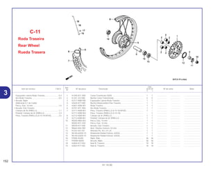 Ref.
Qtd.
Item de serviço T.M.O. Nº da peça Descrição XLR125 Nº de série Nota
Nº
Y 1
1 41200-KFC-900 Coroa Trasmissão (50D) ......................................................... 1 1 .................. .................. ..............................
2 41241-222-000 Bucha Coroa Transmissão ...................................................... 5 5 .................. .................. ..............................
3 42311-KBB-900 Espaçador Lateral Roda Traseira ........................................... 1 1 .................. .................. ..............................
4 42620-KY7-000 Bucha Distanciadora Eixo Traseiro ......................................... 1 1 .................. .................. ..............................
5 42601-KW8-901 Roda Traseira. ......................................................................... 1 1 .................. .................. ..............................
6 42701-KFC-900 Aro Roda Traseira ................................................................... 1 1 .................. .................. ..............................
7 42711-KW8-901 Pneu, Traseiro (PIRELLI) (4.10-18 MT40)................................ 1 – .................. .................. ..............................
42711-KW8-902 Pneu, Traseiro (PIRELLI) (4.10-18).......................................... – 1 .................. .................. ..............................
8 42712-KW8-901 Câmara de Ar (PIRELLI).......................................................... 1 1 .................. .................. ..............................
9 42713-KW8-901 Protetor Câmara de Ar (PIRELLI) ............................................ 1 1 .................. .................. ..............................
10 90305-MA0-003 Porca, Eixo, 16 mm ................................................................. 1 1 .................. .................. ..............................
90305-KFC-930 Porca, Eixo, 16 mm ................................................................. 1 1 .................. .................. ..............................
11 90559-KY7-000 Arruela, Eixo Traseiro .............................................................. 1 1 .................. .................. ..............................
12 90664-KA2-000 Anel Elástico Externo, 63 mm................................................. 1 1 .................. .................. ..............................
13 91253-443-761 Retentor Pó, 30 x 47 x 8 .......................................................... 1 1 .................. .................. ..............................
14 96140-62030-10 Rolamento Radial Esferas, 6203U........................................... 1 1 .................. .................. ..............................
15 96140-63030-10 Rolamento Radial Esferas, 6303U........................................... 1 1 .................. .................. ..............................
16 97000-45200 Niple, Raio ............................................................................... 36 36 .................. .................. ..............................
17 9700W-06500 Arruela, Niple........................................................................... 36 36 .................. .................. ..............................
18 42604-KY7-003 Raio B, Traseiro ....................................................................... 18 18 .................. .................. ..............................
19 42603-KY7-003 Raio A, Traseiro ....................................................................... 18 18 .................. .................. ..............................
C-11
Roda Traseira
Rear Wheel
Rueda Trasera
152
01.10.00
Espaçador Lateral Roda Traseira..........................0,4
Aro Roda Traseira..................................................0,5
• Arruela, Niple
(Adicionar 0,1 de Cada)
Porca, Eixo, 16 mm................................................1,0
• Arruela, Eixo Traseiro
Câmara de Ar (PIRELLI)........................................1,1
Protetor Câmara de Ar (PIRELLI) ..........................2,4
Pneu, Traseiro (PIRELLI) (4.10-18 MT40)..............2,5
3
 