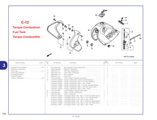 Ref.
Qtd.
Item de serviço T.M.O. Nº da peça Descrição XLR125 Nº de série Nota
Nº
Y 1
1 16173-001-004 Anel Vedação, Copo Combustível .......................................... 1 1 .................. .................. ..............................
2 16950-KBB-900 Registro Combustível .............................................................. 1 1 .................. .................. ..............................
3 16952-461-771 Tela, Filtro Combustível ........................................................... 1 1 .................. .................. ..............................
4 16953-GG2-731 Copo, Filtro Combustível ......................................................... 1 1 .................. .................. ..............................
5 16958-MA1-731 Anel, Vedação ......................................................................... 1 1 .................. .................. ..............................
6 16959-471-831 Copo, Filtro .............................................................................. 1 1 .................. .................. ..............................
7 17503-KG0-000 Coxim Traseiro Tanque Combustível. ..................................... 1 1 .................. .................. ..............................
8 17550-KFC-830ZA Tanque Combustível *R-206* Vermelho Maceió ..................... 1 – .................. .................. ..............................
17550-KFC-830ZB Tanque Combustível *Tipo 2* *P-4* Azul Abrolhos ................. 1 – .................. .................. ..............................
17550-KFC-830ZC Tanque Combustível *Tipo 3* *NH-1* Preto ............................ 1 – .................. .................. ..............................
17550-KFC-790ZA Tanque Combustível *Tipo 1* *R-206* Vermelho Maceió ....... – 1 .................. .................. ..............................
17550-KFC-790ZB Tanque Combustível *Tipo 2* *NH-196* Branco Ross............ – 1 .................. .................. ..............................
17550-KFC-790ZC Tanque Combustível *Tipo 3* *NH-1* Preto ............................ – 1 .................. .................. ..............................
9 17611-397-000 Coxim Dianteiro, Tanque Combustível.................................... 2 2 .................. .................. ..............................
10 17620-460-067 Tampa, Tanque Combustível .................................................. 1 1 .................. .................. ..............................
11 17681-KFC-900 Tubo, Combustível .................................................................. 1 1 .................. .................. ..............................
12 19100-KFC-830ZA Carenagem Direita, Conj. *Tipo 1* *R-206* Vermelho Maceió ... 1 – .................. .................. ..............................
19100-KFC-830ZB Carenagem Direita, Conj. *Tipo 2* *P-4* Azul Abrolhos ......... 1 – .................. .................. ..............................
19100-KFC-830ZC Carenagem Direita, Conj. *Tipo 3* *NH-1* Preto .................... 1 – .................. .................. ..............................
19100-KFC-790ZA Carenagem Direita, Conj. *Tipo 1* *R-206* Vermelho Maceió ... – 1 .................. .................. ..............................
19100-KFC-790ZB Carenagem Direita, Conj. *Tipo 2* *NH-196* Branco Ross .... – 1 .................. .................. ..............................
19100-KFC-790ZC Carenagem Direita, Conj. *Tipo 3* *NH-1* Preto .................... – 1 .................. .................. ..............................
C-12
Tanque Combustível
Fuel Tank
Tanque Combustible
154
01.10.00
Registro de Combustível .......................................0,3
• Tela Filtro Combustível
Filtro Copo .............................................................0,1
(Inclui Peça Relativa)
• Carenagem Direita
(Uma Ou Todas)
Tanque Combustível..............................................0,4
3
 