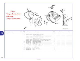 Ref.
Qtd.
Item de serviço T.M.O. Nº da peça Descrição XLR125 Nº de série Nota
Nº
Y 1
13 19200-KFC-830ZA Carenagem Esquerda, Conj. *Tipo 1*
*R-206* Vermelho Maceió .................................................... 1 – .................. .................. ..............................
19200-KFC-830ZB Carenagem Esquerda, Conj. *Tipo 2* *P-4* Azul Abrolhos .... 1 – .................. .................. ..............................
19200-KFC-830ZC Carenagem Esquerda, Conj. *Tipo 3* *NH-1* Preto ............... 1 – .................. .................. ..............................
19200-KFC-790ZA Carenagem Esquerda, Conj. *Tipo 1*
*R-206* Vermelho Maceió .................................................... – 1 .................. .................. ..............................
19200-KFC-790ZB Carenagem Esquerda, Conj *Tipo 2* *NH-196* Branco Ross ... – 1 .................. .................. ..............................
19200-KFC-790ZC Carenagem Esquerda, Conj. *Tipo 3* *NH-1* Preto ............... – 1 .................. .................. ..............................
14 83551-300-000 Coxim, Tampa Filtro de Ar....................................................... 2 2 .................. .................. ..............................
15 90001-MG1-000 Parafuso, Especial, 5 x 16....................................................... 2 – .................. .................. ..............................
90109-KFC-970 Parafuso, 5 x 17....................................................................... – 2 .................. .................. ..............................
16 90111-MM9-000 Porca Fixação Carenagem, 5 mm........................................... 2 2 .................. .................. ..............................
17 90136-428-870 Arruela, Fixação Tanque ......................................................... 1 1 .................. .................. ..............................
18 90401-MZ5-000 Arruela, Lisa 9 mm .................................................................. 2 2 .................. .................. ..............................
19 95002-02080 Arruela, Lisa (B8)..................................................................... 1 1 .................. .................. ..............................
20 95002-50000 Presilha, Tubo (C9).................................................................. 1 1 .................. .................. ..............................
21 95701-06012-00 Parafuso, Flange, 6 x 12.......................................................... 1 1 .................. .................. ..............................
22 19105-MR8-300 Coxim ...................................................................................... 2 2 .................. .................. ..............................
C-12
Tanque Combustível
Fuel Tank
Tanque Combustible
156
01.10.00
3
 