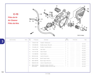Ref.
Qtd.
Item de serviço T.M.O. Nº da peça Descrição XLR125 Nº de série Nota
Nº
Y 1
12 17240-KFC-900 Condutor , Entrada de Ar ........................................................ 1 – .................. .................. ..............................
– 1 .................. .................. 1LA, 2LA
13 17256-KBB-900 Presilha Conexão, Filtro de Ar................................................. 1 – .................. .................. ..............................
– 1 .................. .................. 1LA, 2LA
14 17316-MN1-670 Presilha A, Tubo Filtro de Ar.................................................... 3 – .................. .................. ..............................
– 3 .................. .................. 1LA, 2LA
15 17358-170-000 Tubo, Dreno............................................................................. 1 – .................. .................. ..............................
– 1 .................. .................. 1LA, 2LA
16 17371-KFC-900 Tubo A, Respiro....................................................................... 1 – .................. .................. ..............................
– 1 .................. .................. 1LA, 2LA
17 17372-KBB-900 Tubo B, Respiro....................................................................... 1 – .................. .................. ..............................
– 1 .................. .................. 1LA, 2LA
18 80105-061-000 Coxim A, Filtro de Ar ............................................................... 1 – .................. .................. ..............................
– 1 .................. .................. 1LA, 2LA
19 83601-357-000 Bucha, Fixação Tampa ........................................................... 1 – .................. .................. ..............................
– 1 .................. .................. 1LA, 2LA
20 90501-KBB-900 Bucha Tampa, Filtro de Ar ...................................................... 2 – .................. .................. ..............................
– 2 .................. .................. 1LA, 2LA
21 90505-MC4-000 Coxim A, Tampa Filtro de Ar ................................................... 2 – .................. .................. ..............................
– 2 .................. .................. 1LA, 2LA
22 90652-GHB-660 Braçadeira Condutor, Filtro de Ar ........................................... 1 – .................. .................. ..............................
95018-46250 Braçadeira Condutor, Filtro de Ar (46).................................... – 1 .................. .................. 1LA, 2LA
C-15
Filtro de Ar
Air Cleaner
Filtro de Aire
164
01.10.00
3
 