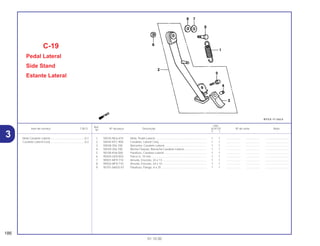 Ref.
Qtd.
Item de serviço T.M.O. Nº da peça Descrição XLR125 Nº de série Nota
Nº
Y 1
1 50535-ML6-670 Mola, Pedal Lateral.................................................................. 1 1 .................. .................. ..............................
2 50540-KFC-900 Cavalete, Lateral Conj, ............................................................ 1 1 .................. .................. ..............................
3 50548-356-700 Borracha, Cavalete Lateral...................................................... 1 1 .................. .................. ..............................
4 50549-356-700 Bucha Fixação, Borracha Cavalete Lateral............................. 1 1 .................. .................. ..............................
5 90108-KV6-000 Parafuso, Cavalete Lateral ...................................................... 1 1 .................. .................. ..............................
6 90304-GE8-003 Porca U, 10 mm....................................................................... 1 1 .................. .................. ..............................
7 90501-MF9-710 Arruela, Encosto, 24 x 13 ........................................................ 1 1 .................. .................. ..............................
8 90502-MF9-710 Arruela, Encosto, 24 x 10 ........................................................ 1 1 .................. .................. ..............................
9 95701-06025-07 Parafuso, Flange, 6 x 25 ......................................................... 1 1 .................. .................. ..............................
C-19
Pedal Lateral
Side Stand
Estante Lateral
186
01.10.00
Mola Cavalete Lateral............................................0,1
Cavalete Lateral Conj ............................................0,2
3
 