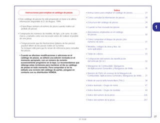 27
01.10.00
1
• Este catálogo de piezas ha sido preparado en base a la última
información disponible el 21 de August, 1999.
• Especifique siempre el número de pieza cuando realice un
pedido de piezas.
• Compruebe los números de modelo, de tipo, y de serie, el color,
marca, y tamaño como sea necesario antes de realizar el pedido
de una pieza.
• Tenga presente que las ilustraciones (planos de las piezas)
pueden diferir de las piezas reales en su forma.
Se incluyen sólo para que le sirvan de referencia para consultar
las piezas.
• Cuando se efectúen modificaciones o adiciones en el
catálogo de piezas, se editará una edición revisada en el
momento apropiado, con un número de revisión
sucesivamente progresivo en la tapa. Le recomendamos que
obtenga estas revisiones para mantener al día su catálogo
de piezas en todo momento. Para comprobar si se ha
editado una revisión del catálogo de partes, póngase en
contacto con su distribuidor HONDA.
Índice
• Instrucciones para emplear el catálogo de piezas .................... 27
• Cómo consultar la información de piezas .................................. 28
• Estructura del catálogo de piezas.............................................. 29
• Cuando se han revisado las piezas ........................................... 30
• Abreviaturas empleadas en el catálogo
de piezas .................................................................................... 30
• Cómo comprobar el bloque de piezas y los
números de serie........................................................................ 31
• Modelos, códigos de área y Nos. de
serie aplicables .......................................................................... 31
• Tabla de colores......................................................................... 33
• Composición del número de identificación
del vehículo (N.I.V.) .................................................................... 32
• Mangueras de Combustible, Mangueras
de Aplicaciones Generales y Mangueras de Vinilo ................... 35
• Número de Parte sin envasar de la Manguera de
Combustible, Aplicaciones Generales, Mangueras de Vinilo .... 37
• Modo de usar la tarifa horaria llana (THLL) .................................. 38
• Índice ilustrado – Grupo de motor.............................................. 41
• Índice ilustrado – Grupo de bastidor.......................................... 44
• Índice del número de la pieza....................................................226
• Índice del nombre de la pieza....................................................257
Instrucciones para emplear el catálogo de piezas
 