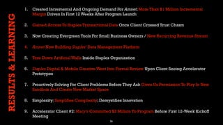 26
RESULTS&LEARNING 1. Created Incremental And Ongoing Demand For Amnet; More Than $1 Million Incremental
Margin Driven In First 12 Weeks After Program Launch
2. Gained Access To Staples Transactional Data Once Client Crossed Trust Chasm
3. Now Creating Evergreen Tools For Small Business Owners / New Recurring Revenue Stream
4. Amnet Now Building Staples’ Data Management Platform
5. Tore Down Artificial Walls Inside Staples Organization
6. Staples Digital & Mobile Creative Went Into Formal Review Upon Client Seeing Accelerator
Prototypes
7. Proactively Solving For Client Problems Before They Ask Gives Us Permission To Play In New
Sandbox And Create New Market Space
8. Simplexity: Simplifies Complexity; Demystifies Innovation
9. Accelerator Client #2: Macy’s Committed $2 Million To Program Before First 12-Week Kickoff
Meeting
 
