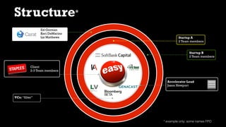 Startup A
2 Team members
Ed Gorman
Keri DeMarino
Liz Matthews
Startup B
2 Team members
Client
2-3 Team members
Accelerator Lead
Jason Newport
VCs: “filter”
Structure*
* example only; some names FPO
 