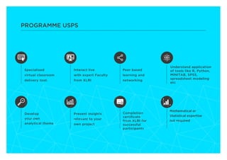 PROGRAMME USPS
Interact live
with expert Faculty
from XLRI
Specialised
virtual classroom
delivery tool.
Peer based
learning and
networking
Present insights
relevant to your
own project
Develop
your own
analytical theme
Completion
certiﬁcate
from XLRI for
successful
participants
Understand application
of tools like R, Python,
MINITAB, SPSS,
spreadsheet modeling
etc
Mathematical or
Statistical expertise
not required
 