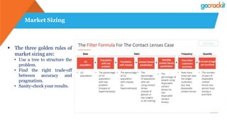Market Sizing
 The three golden rules of
market sizing are:
• Use a tree to structure the
problem.
• Find the right trade-off
between accuracy and
pragmatism.
• Sanity-check your results.
 