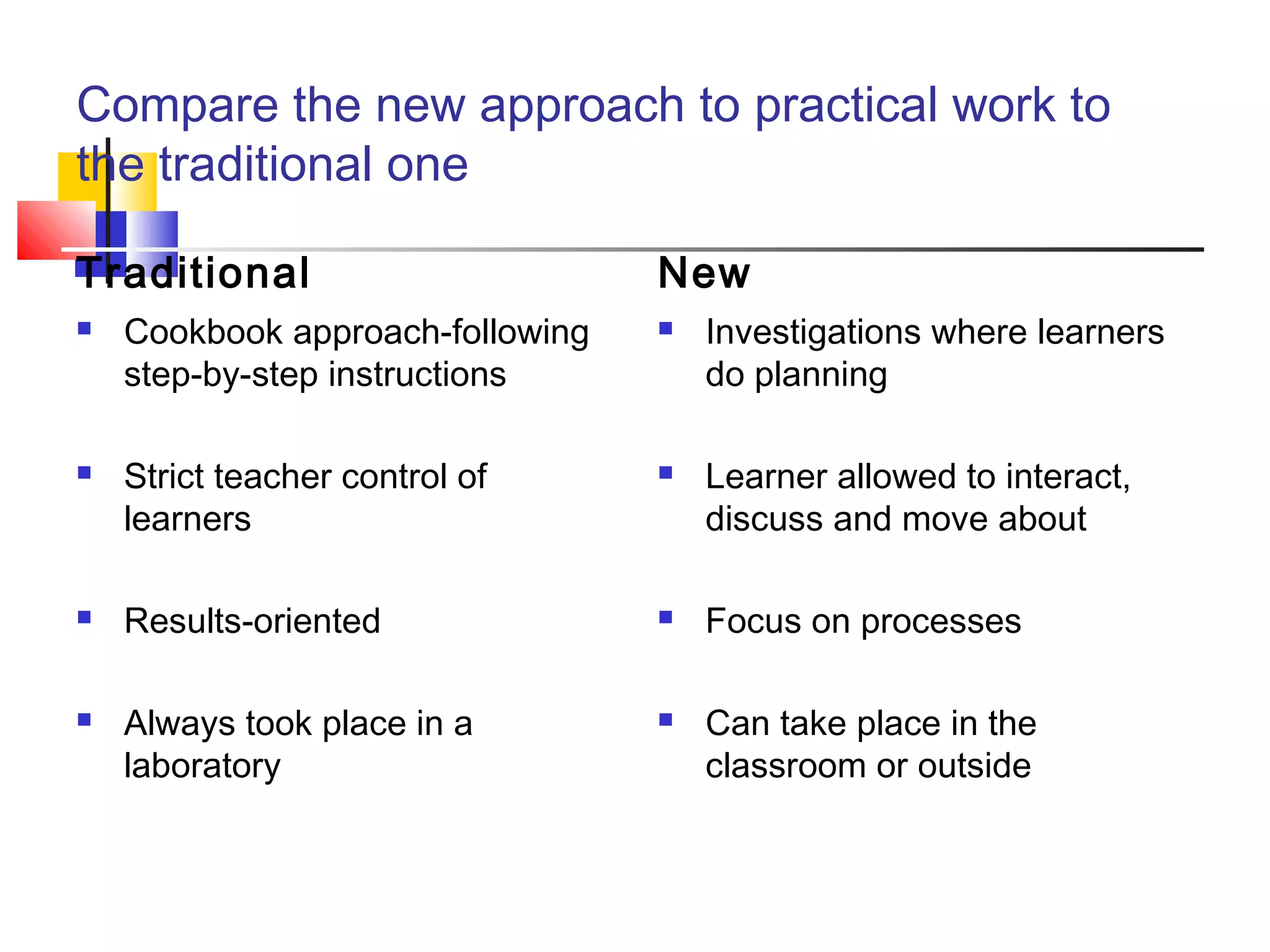 Compare the new approach to practical work to
the traditional one
Traditional
 Cookbook approach-following
step-by-step instructions
 Strict teacher control of
learners
 Results-oriented
 Always took place in a
laboratory
New
 Investigations where learners
do planning
 Learner allowed to interact,
discuss and move about
 Focus on processes
 Can take place in the
classroom or outside
 