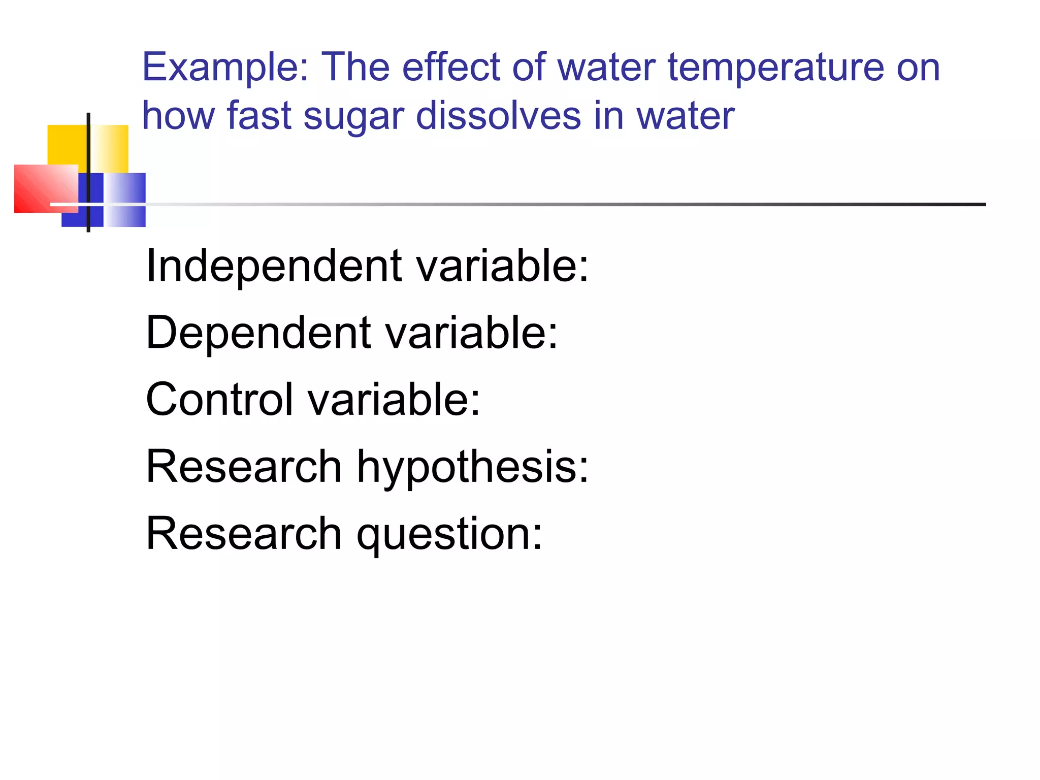 Example: The effect of water temperature on
how fast sugar dissolves in water
Independent variable:
Dependent variable:
Control variable:
Research hypothesis:
Research question:
 
