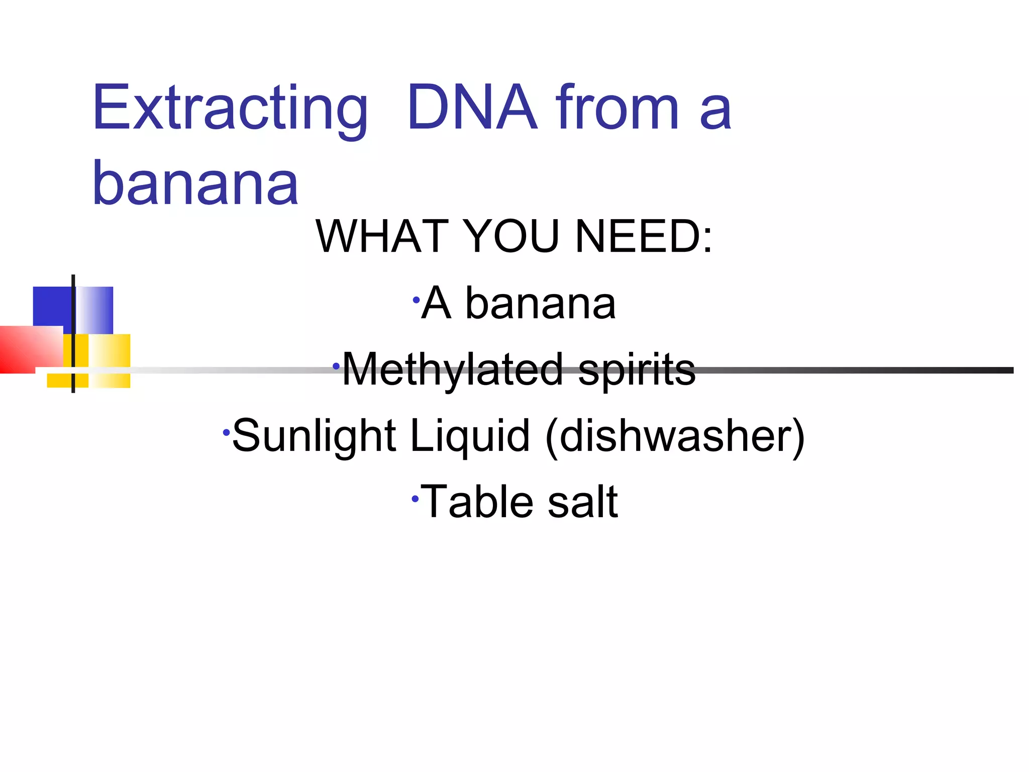 Extracting DNA from a
banana
WHAT YOU NEED:
•A banana
•Methylated spirits
•Sunlight Liquid (dishwasher)
•Table salt
 