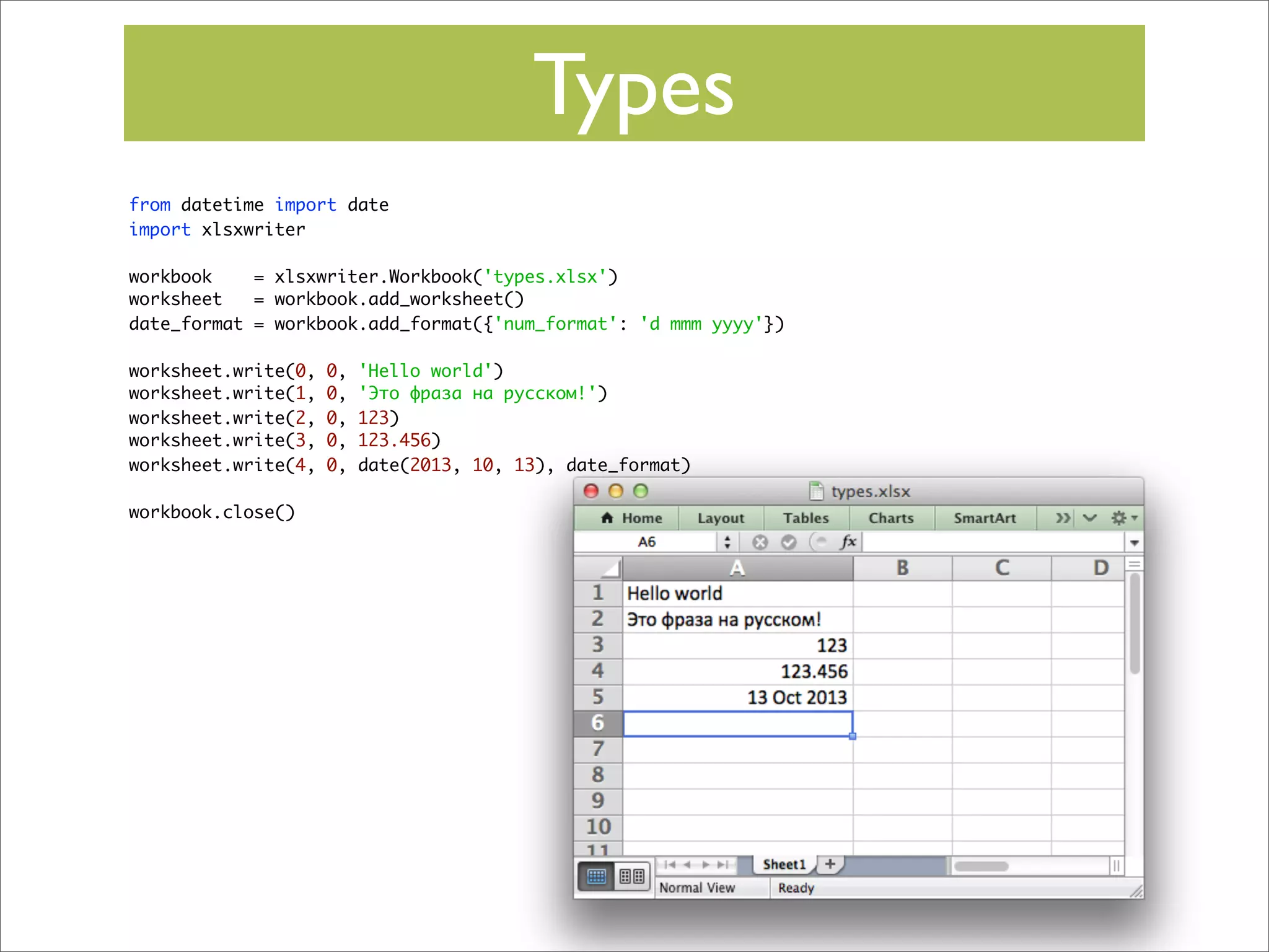 Types
from datetime import date
import xlsxwriter
workbook
= xlsxwriter.Workbook('types.xlsx')
worksheet
= workbook.add_worksheet()
date_format = workbook.add_format({'num_format': 'd mmm yyyy'})
worksheet.write(0,
worksheet.write(1,
worksheet.write(2,
worksheet.write(3,
worksheet.write(4,
workbook.close()

0,
0,
0,
0,
0,

'Hello world')
'Это фраза на русском!')
123)
123.456)
date(2013, 10, 13), date_format)

 