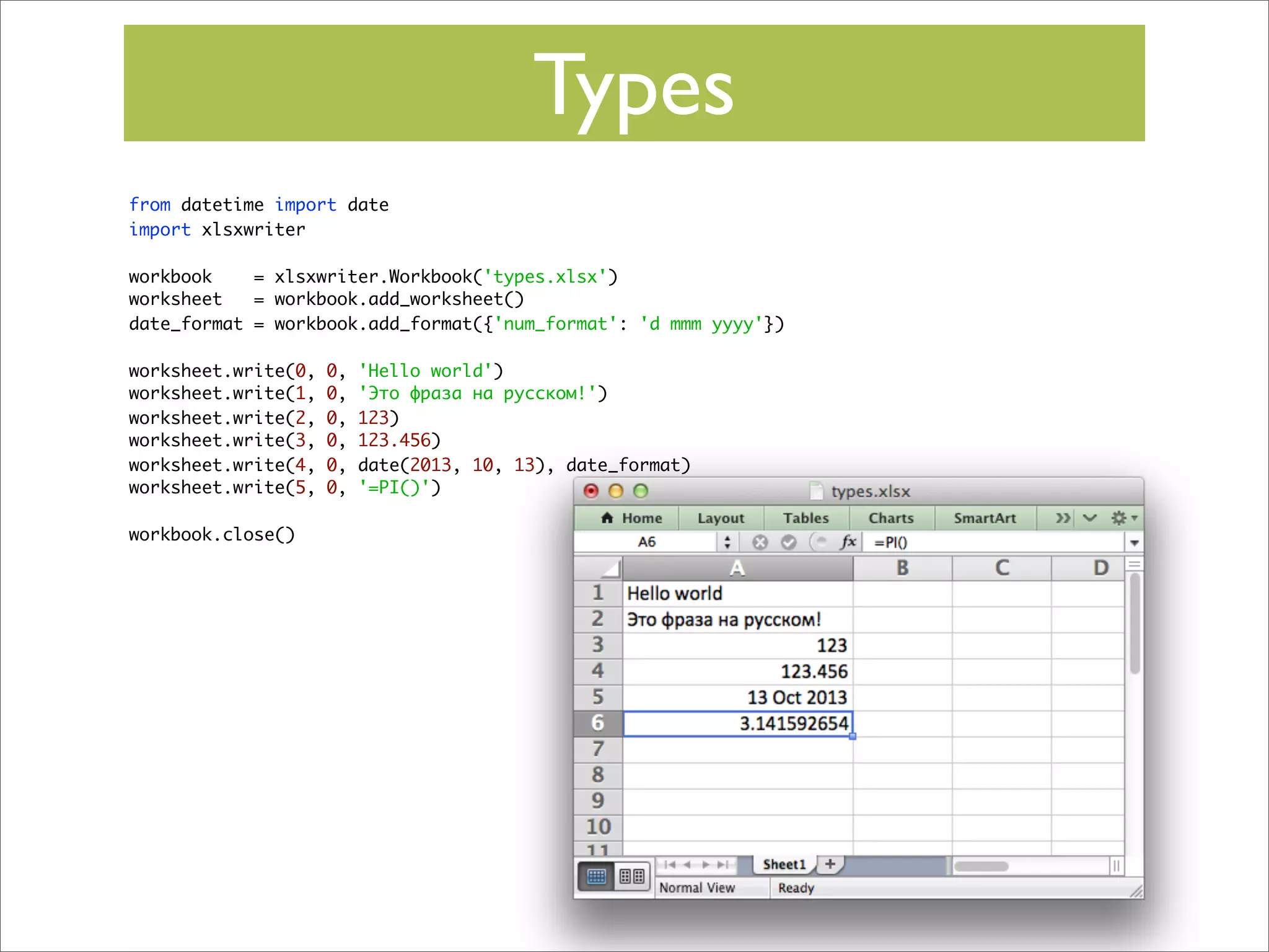 Types
from datetime import date
import xlsxwriter
workbook
= xlsxwriter.Workbook('types.xlsx')
worksheet
= workbook.add_worksheet()
date_format = workbook.add_format({'num_format': 'd mmm yyyy'})
worksheet.write(0,
worksheet.write(1,
worksheet.write(2,
worksheet.write(3,
worksheet.write(4,
worksheet.write(5,
workbook.close()

0,
0,
0,
0,
0,
0,

'Hello world')
'Это фраза на русском!')
123)
123.456)
date(2013, 10, 13), date_format)
'=PI()')

 