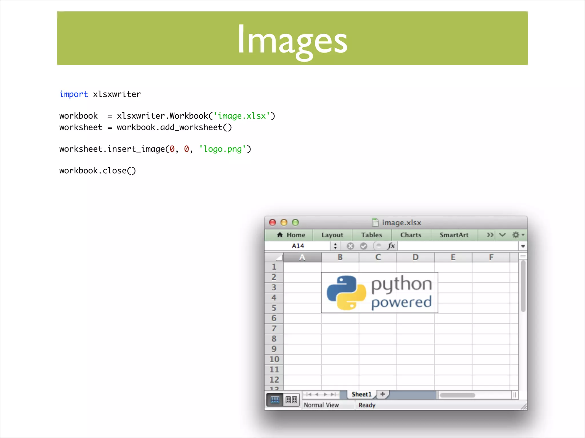 Images
import xlsxwriter
workbook = xlsxwriter.Workbook('image.xlsx')
worksheet = workbook.add_worksheet()
worksheet.insert_image(0, 0, 'logo.png')
workbook.close()

 