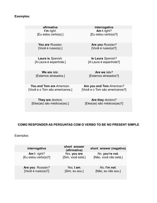Exemplos:
afirmativa interrogativa
I’m right.
[Eu estou certo(a).]
Am I right?
[Eu estou certo(a)?]
You are Russian.
[Você é russo(a).]
Are you Russian?
[Você é russo(a)?]
Laura is Spanish.
[A Laura é espanhola.]
Is Laura Spanish?
[A Laura é espanhola?]
We are late.
[Estamos atrasados.]
Are we late?
[Estamos atrasados?]
You and Tom are American.
[Você e o Tom são americanos.]
Are you and Tom American?
[Você e o Tom são americanos?]
They are doctors.
[Eles(as) são médicos(as).]
Are they doctors?
[Eles(as) são médicos(as)?]
COMO RESPONDER AS PERGUNTAS COM O VERBO TO BE NO PRESENT SIMPLE
Exemplos:
interrogativa
short answer
(afirmativa)
short answer (negativa)
Am I right?
[Eu estou certo(a)?]
Yes, you are.
[Sim, você está.]
No, you’re not.
[Não, você não está.]
Are you Russian?
[Você é russo(a)?]
Yes, I am.
[Sim, eu sou.]
No, I’m not.
[Não, eu não sou.]
 