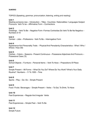 SUMÁRIO
TOPICS (Speaking, grammar, pronunciation, listening, writing and reading)
Unit 1
Meeting someone new – Introduction – Titles - Countries / Nationalities / Languages Subject
Pronouns Verb To be – Affirmative Form – Contractions
Unit 2
Greetings - Verb To Be – Negative Form -Formas Contraídas Do Verb To Be Na Negativa –
Numbers 0-10
Unit 3
Carreer – Jobs – Professions - Verb To Be – Interrogative Form
Unit 4
Appearance And Personality Traits - Physical And Persolanity Characteristics - What / Who /
Where / How Old
Unit 5
Clothes – Colors – Seasons - Present Continuous – Possessive Adjectives And Pronouns –
Possessive Case (‘S)
Unit 6
School Objects – Furniture – Personal Items – Verb To Have – Prepositions Of Place
Unit 7
Simple Present – All Forms – What Do You Do? Where Do You Work? What’s Your Daily
Routine? Numbers – 11 To 1000 – Time
Unit 8
Sports – Play – Go- Do – Simple Present
Unit 9
Food / Fruits / Beverages – Simple Present – Verbs – To Eat, To Drink, To Have
Unit 10
Past Experiences – Regular And Irregular Verbs
Unit 11
Past Experiences – Simple Past – Verb To Be
Unit 12
Simple Future
 