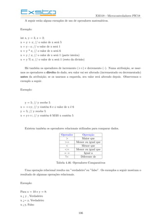 XM118 - Microcontroladores PIC18
A seguir estão alguns exemplos de uso de operadores matemáticos.
Exemplo:
int x, y = 3, z = 2;
x = y + z; // o valor de x será 5
x = y - z; // o valor de x será 1
x = y * z; // o valor de x será 6
x = y / z; // o valor de x será 1 (parte inteira)
x = y % z; // o valor de x será 1 (resto da divisão)
Há também os operadores de incremento (++) e decremento (–). Numa atribuição, se usar-
mos os operadores a direita do dado, seu valor vai ser alterado (incrementado ou decrementado)
antes da atribuição; se os usarmos a esquerda, seu valor será alterado depois. Observemos o
exemplo a seguir.
Exemplo:
y = 5; // y recebe 5
x = ++y; // y contém 6 e o valor de x é 6
y = 5; // y recebe 5
x = y++; // y contém 6 MAS x contém 5
Existem também os operadores relacionais utilizados para comparar dados.
Operador Operação
> Maior que
>= Menor ou igual que
< Menor que
<= Menor ou igual que
= = Igual a
!= Diferente de
Tabela 4.46: Operadores Comparativos
Uma operação relacional resulta em ”verdadeiro”ou ”falso”. Os exemplos a seguir mostram o
resultado de algumas operações relacionais.
Exemplo:
Para x = 10 e y = 8:
x ¿ y , Verdadeiro
x ¿= y, Verdadeiro
x ¡ y, Falso
106
 