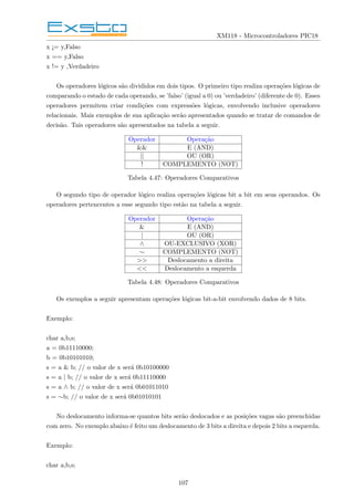 XM118 - Microcontroladores PIC18
x ¡= y,Falso
x == y,Falso
x != y ,Verdadeiro
Os operadores lógicos são divididos em dois tipos. O primeiro tipo realiza operações lógicas de
comparando o estado de cada operando, se ’falso’ (igual a 0) ou ’verdadeiro’ (diferente de 0). Esses
operadores permitem criar condições com expressões lógicas, envolvendo inclusive operadores
relacionais. Mais exemplos de sua aplicação serão apresentados quando se tratar de comandos de
decisão. Tais operadores são apresentados na tabela a seguir.
Operador Operação
&& E (AND)
|| OU (OR)
! COMPLEMENTO (NOT)
Tabela 4.47: Operadores Comparativos
O segundo tipo de operador lógico realiza operações lógicas bit a bit em seus operandos. Os
operadores pertencentes a esse segundo tipo estão na tabela a seguir.
Operador Operação
& E (AND)
| OU (OR)
∧ OU-EXCLUSIVO (XOR)
∼ COMPLEMENTO (NOT)
>> Deslocamento a direita
<< Deslocamento a esquerda
Tabela 4.48: Operadores Comparativos
Os exemplos a seguir apresentam operações lógicas bit-a-bit envolvendo dados de 8 bits.
Exemplo:
char a,b,s;
a = 0b11110000;
b = 0b10101010;
s = a & b; // o valor de x será 0b10100000
s = a | b; // o valor de x será 0b11110000
s = a ∧ b; // o valor de x será 0b01011010
s = ∼b; // o valor de x será 0b01010101
No deslocamento informa-se quantos bits serão deslocados e as posições vagas são preenchidas
com zero. No exemplo abaixo é feito um deslocamento de 3 bits a direita e depois 2 bits a esquerda.
Exemplo:
char a,b,s;
107
 