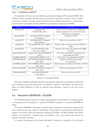 XM118 - Microcontroladores PIC18
5.4.1 A biblioteca XLCD
O compilador C18 vem com uma biblioteca genérica pra displays LCD chamada XLCD. Essa
biblioteca possui as funções listadas abaixo, quer permitem inicializar o display e escrever simples
caracteres ou strings. Note que existem diferentes tipos de função dependendo se a informação a
ser escrita está na memória de dados (RAM) ou na memória de programa (FLASH).
Função Protótipos Descrição
BusyXLCD unsigned char Retorna 1 se o LCD estiver realizando
BusyXLCD( void ); alguma operação e 0 se estiver livre pra
receber novos comandos.
OpenXLCDD void OpenXLCD( unsigned Inicializa o LCD.
char lcdtype );
putcXLCD void OpenXLCD( unsigned Escreve um caractere no LCD
char lcdtype );
putsXLCD void putsXLCD( char *buffer ); Escreve uma string (da memória RAM) no
LCD
putrsXLCD void putrsXLCD( const Escreve uma string (da memória FLASH)
rom char *buffer ); no LCD
ReadAddrXLCD unsigned char ReadAddrXLCD( Lê o byte de endereço da memória do
void ); controlador de LCD.
ReadDataXLCD char ReadDataXLCD( void ); Lê um byte do controlador de LCD.
SetCGRamAddr void SetCGRamAddr( unsigned Aponta o endereço do gerador
char addr ); de caracteres
SetDDRamAddr void SetDDRamAddr( unsigned ¨ Aponta para um endereço de dados do LCD.
char addr );
WriteCmdXLCD void WriteCmdXLCD( unsigned Escreve um comando no LCD
char cmd );
WriteDataXLCD void WriteDataXLCD Escreve um byte no LCD
( char data );
Tabela 5.7: Comandos XLCD
Para usar a biblioteca XLCD é necessário fazer algumas alterações nas definições da biblioteca
para o hardware que estiver sendo usado e recompilar os arquivos. Para facilitar, os arquivos que
fazem uso dessa biblioteca no curso já sofreram essas alterações. Baseie-se neles para novos
projetos.
5.5 Memórias EEPROM e FLASH
O PIC18F452 possui regiões de memória não-volátil(que não perdem seu conteúdo quando
o componente perde alimentação): a memória FLASH de programa e a memória EEPROM de
dados.
A memória EEPROM é destinada a guardar dados necessários a execução do programa que
não se deseja perder com a falta de alimentação. Essa região de memória tem endereçamento
próprio e se encontra separa da memória de programa (FLASH) e de dados (RAM). Para efeitos
práticos, essa memória se comporta como um periférico, isto é, seu acesso é feito através de
registros de funções especiais.
A memória de programa tem a função principal de armazenar o programa a ser executado
141
 