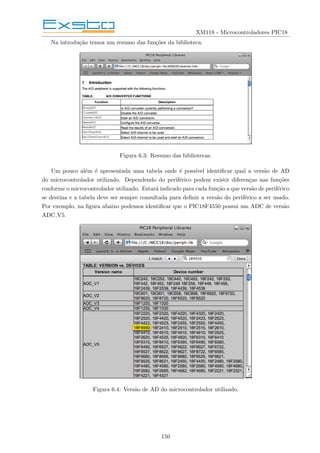 XM118 - Microcontroladores PIC18
Na introdução temos um resumo das funções da biblioteca.
Figura 6.3: Resumo das bibliotecas.
Um pouco além é apresentada uma tabela onde é possı́vel identificar qual a versão de AD
do microcontrolador utilizado. Dependendo do periférico podem existir diferenças nas funções
conforme o microcontrolador utilizado. Estará indicado para cada função a que versão de periférico
se destina e a tabela deve ser sempre consultada para definir a versão do periférico a ser usado.
Por exemplo, na figura abaixo podemos identificar que o PIC18F4550 possui um ADC de versão
ADC V5.
Figura 6.4: Versão de AD do microcontrolador utilizado.
150
 