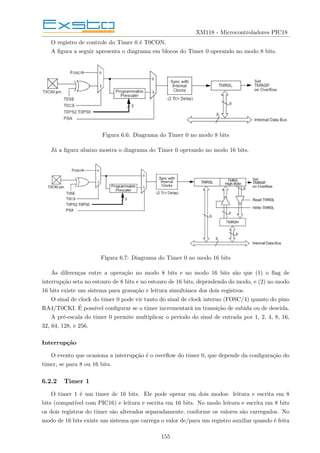 XM118 - Microcontroladores PIC18
O registro de controle do Timer 0 é T0CON.
A figura a seguir apresenta o diagrama em blocos do Timer 0 operando no modo 8 bits.
Figura 6.6: Diagrama do Timer 0 no modo 8 bits
Já a figura abaixo mostra o diagrama do Timer 0 operando no modo 16 bits.
Figura 6.7: Diagrama do Timer 0 no modo 16 bits
As diferenças entre a operação no modo 8 bits e no modo 16 bits são que (1) o flag de
interrupção seta no estouro de 8 bits e no estouro de 16 bits, dependendo do modo, e (2) no modo
16 bits existe um sistema para gravação e leitura simultânea dos dois registros.
O sinal de clock do timer 0 pode vir tanto do sinal de clock interno (FOSC/4) quanto do pino
RA4/T0CKI. É possı́vel configurar se o timer incrementará na transição de subida ou de descida.
A pré-escala do timer 0 permite multiplicar o perı́odo do sinal de entrada por 1, 2, 4, 8, 16,
32, 64, 128, e 256.
Interrupção
O evento que ocasiona a interrupção é o overflow do timer 0, que depende da configuração do
timer, se para 8 ou 16 bits.
6.2.2 Timer 1
O timer 1 é um timer de 16 bits. Ele pode operar em dois modos: leitura e escrita em 8
bits (compatı́vel com PIC16) e leitura e escrita em 16 bits. No modo leitura e escrita em 8 bits
os dois registros do timer são alterados separadamente, conforme os valores são carregados. No
modo de 16 bits existe um sistema que carrega o valor de/para um registro auxiliar quando é feita
155
 