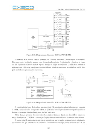 XM118 - Microcontroladores PIC18
Figura 6.19: Diagrama em blocos do ADC do PIC18F4550
O módulo ADC realiza todo o processo de ”Sample and Hold”(Amostragem e retenção).
Esse processo é realizado quando uma determinada entrada é selecionada e inicia-se a carga
de um capacitor interno CHOLD. Após o tempo de carga do capacitor (THOLD) a entrada é
desconectada e inicia-se o processo de conversão da tensão armazenada no capacitor, que é feito
pelo método de aproximações sucessivas.
Figura 6.20: Diagrama em blocos do ADC do PIC18F4550
A resistência da fonte da tensão a ser convertida (Rs no circuito acima) não deve ser superior
a 10kΩ , caso contrário o capacitor CHOLD pode não ser completamente carregado quando se
iniciar a conversão resultando em uma medida incorreta.
Além disso, o processo de conversão só poderá ser iniciado depois de decorrido o tempo de
carga do capacitor (THOLD). A ativação do processo de conversão será explicada mais adiante.
O tempo total de amostragem, que vai do instante em que o canal a ser amostrado é selecionado
ao momento em que o resultado da conversão é armazenado nos registros de resultado do AD, é a
168
 