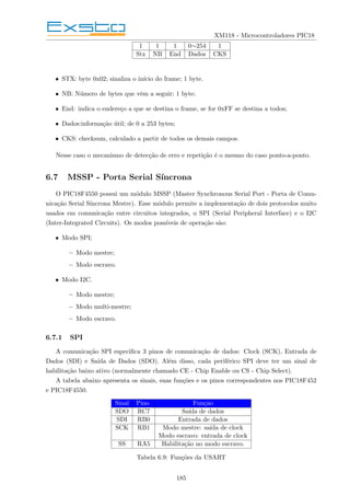 XM118 - Microcontroladores PIC18
1 1 1 0∼254 1
Stx NB End Dados CKS
• STX: byte 0x02; sinaliza o inı́cio do frame; 1 byte.
• NB: Número de bytes que vêm a seguir; 1 byte;
• End: indica o endereço a que se destina o frame, se for 0xFF se destina a todos;
• Dados:informação útil; de 0 a 253 bytes;
• CKS: checksum, calculado a partir de todos os demais campos.
Nesse caso o mecanismo de detecção de erro e repetição é o mesmo do caso ponto-a-ponto.
6.7 MSSP - Porta Serial Sı́ncrona
O PIC18F4550 possui um módulo MSSP (Master Synchronous Serial Port - Porta de Comu-
nicação Serial Sı́ncrona Mestre). Esse módulo permite a implementação de dois protocolos muito
usados em comunicação entre circuitos integrados, o SPI (Serial Peripheral Interface) e o I2C
(Inter-Integrated Circuits). Os modos possı́veis de operação são:
• Modo SPI;
– Modo mestre;
– Modo escravo.
• Modo I2C.
– Modo mestre;
– Modo multi-mestre;
– Modo escravo.
6.7.1 SPI
A comunicação SPI especifica 3 pinos de comunicação de dados: Clock (SCK), Entrada de
Dados (SDI) e Saı́da de Dados (SDO). Além disso, cada periférico SPI deve ter um sinal de
habilitação baixo ativo (normalmente chamado CE - Chip Enable ou CS - Chip Select).
A tabela abaixo apresenta os sinais, suas funções e os pinos correspondentes nos PIC18F452
e PIC18F4550.
Sinal Pino Função
SDO RC7 Saı́da de dados
SDI RB0 Entrada de dados
SCK RB1 Modo mestre: saı́da de clock
Modo escravo: entrada de clock
SS RA5 Habilitação no modo escravo.
Tabela 6.9: Funções da USART
185
 
