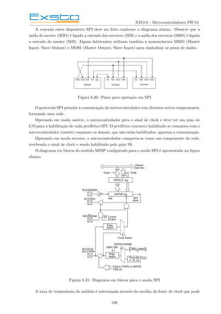 XM118 - Microcontroladores PIC18
A conexão entre dispositivo SPI deve ser feita conforme o diagrama abaixo. Observe que a
saı́da do mestre (SDO) é ligada a entrada dos escravos (SDI) e a saı́da dos escravos (SDO) é ligada
a entrada do mestre (SDI). Alguns fabricantes utilizam também a nomenclatura MISO (Master
Input, Slave Output) e MOSI (Master Output, Slave Input) para simbolizar os pinos de dados.
Figura 6.30: Pinos para operação em SPI
O protocolo SPI permite a comunicação do microcontrolador com diversos outros componentes,
formando uma rede.
Operando em modo mestre, o microcontrolador gera o sinal de clock e deve ter um pino de
I/O para a habilitação de cada periférico SPI. O periférico (escravo) habilitado se comunica com o
microcontrolador (mestre) enquanto os demais, que não estão habilitados, ignoram a comunicação.
Operando em modo escravo, o microcontrolador comporta-se como um componente da rede,
recebendo o sinal de clock e sendo habilitado pelo pino SS.
O diagrama em blocos do módulo MSSP configurado para o modo SPI é apresentado na figura
abaixo.
Figura 6.31: Diagrama em blocos para o modo SPI
A taxa de transmissão do módulo é selecionada através da escolha da fonte de clock que pode
186
 