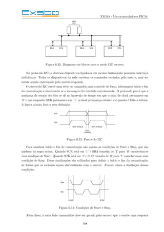 XM118 - Microcontroladores PIC18
Figura 6.32: Diagrama em blocos para o modo I2C escravo.
No protocolo I2C os diversos dispositivos ligados a um mesmo barramento possuem endereços
individuais. Todos os dispositivos da rede recebem os comandos enviados pelo mestre, mas so-
mente aquele endereçado pelo mestre responde.
O protocolo I2C prevê uma série de comandos para controle de fluxo, informando inı́cio e fim
da comunicação e sinalizando se a mensagem foi recebida corretamente. O protocolo prevê que a
mudança de estado dos bits se dê no intervalo de tempo em que o sinal de clock permanece em
’0’ e que enquanto SCK permanece em ´1´ o sinal permaneça estável, e é quanto é feita a leitura.
A figura abaixo ilustra essa definição.
Figura 6.33: Protocolo I2C.
Para sinalizar inı́cio e fim de comunicação são usadas as condições de Start e Stop, que são
quebras da regra acima. Quando SCK está em ’1’ e SDA transita de ’1’ para ’0’ caracteriza-se
uma condição de Start. Quando SCK está em ’1’ e SDC transita de ’0’ para ’1’ caracteriza-se uma
condição de Stop. Essas sinalizações são utilizadas para definir o inı́cio e fim da comunicação,
de forma que os escravos sejam sincronizados com o mestre. Abaixo temos a ilustração dessas
condições.
Figura 6.34: Condições de Start e Stop.
Além disso, a cada byte transmitido deve ser gerado pelo escravo que o recebe uma resposta
188
 