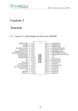 XM118 - Microcontroladores PIC18
Capı́tulo 7
Anexos
7.1 Anexo A - Distribuição de Pinos do 18F4550
196
 