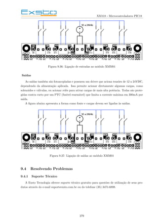 XM118 - Microcontroladores PIC18
Figura 9.36: Ligação de entradas ao módulo XMM01
Saı́das
As saı́das também são fotoacopladas e possuem um driver que aciona tensões de 12 a 24VDC,
dependendo da alimentação aplicada. Isso permite acionar diretamente algumas cargas, como
solenoides e válvulas, ou acionar relés para ativar cargas de mais alta potência. Todas são prote-
gidas contra curto por um PTC (fusı́vel rearmável) que limita a corrente máxima em 300mA por
saı́da.
A figura abaixo apresenta a forma como fonte e cargas devem ser ligadas às saı́das.
Figura 9.37: Ligação de saı́das ao módulo XMM01
9.4 Resolvendo Problemas
9.4.1 Suporte Técnico
A Exsto Tecnologia oferece suporte técnico gratuito para questões de utilização de seus pro-
dutos através do e-mail suporteexsto.com.br ou do telefone (35) 3471-6898.
279
 