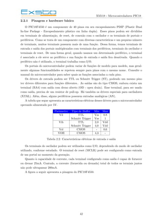 XM118 - Microcontroladores PIC18
2.2.1 Pinagem e hardware básico
O PIC18F4550 é um componente de 40 pinos em seu encapsulamento PDIP (Plastic Dual
In-line Package - Encapsulamento plástico em linha dupla). Esses pinos podem ser divididos
em terminais de alimentação, de reset, de conexão com o oscilador e os terminais de portais e
periféricos. Como se trata de um componente com diversas caracterı́sticas e um pequeno número
de terminais, muitos terminais possuem mais de uma função. Dessa forma, temos terminais de
entrada e saı́da dos portais multiplexados com terminais dos periféricos, terminais do oscilador e
terminais de reset. De uma forma geral, quando usamos um determinado periférico, o terminal
é associado a ele serve ao periférico e sua função de entrada e saı́da fica desativada. Quando o
periférico não é utilizado, o terminal trabalha como I/O.
Os portais do microcontrolador podem variar de funções de modelo para modelo, mas geral-
mente algumas funcionalidades se repetem sempre para pinos com o mesmo nome. Consulte o
manual do microcontrolador para saber quais as funções associadas a cada pino.
Os drivers de entrada podem ser TTL ou Schmitt Trigger (ST), podendo um mesmo pino
ter drivers diferentes para funções diferentes.. As saı́das são do tipo CMOS, embora exista um
terminal (RA4) com saı́da com dreno aberto (OD - open drain). Esse terminal, para ser usado
como saı́da, precisa de um resistor de pull-up. Há também os drivers especiais para osciladores
(XTAL). Além, disso, alguns periféricos possuem entradas analógicas (AN).
A tabela que segue apresenta as caracterı́sticas elétricas desses drivers para o microcontrolador
operando alimentado por 5V.
Parâmetro Tipo de Buffer Min Max
Vil TTL Vss 0.8
Schmitt Trigger Vss 1
Vih TTL 2,0 Vdd
Schmitt Trigger 4,0 Vdd
Vol CMOS - 0,6
VOH CMOS 4,3 -
Tabela 2.2: Caracterı́sticas elétricas de entrada e saı́da
Os terminais do oscilador podem ser utilizados como I/O, dependendo do modo de oscilador
utilizado, conforme estudado. O terminal de reset (MCLR) pode ser configurado como entrada
de um portal no momento da gravação.
Quanto à capacidade de corrente, cada terminal configurado como saı́da é capaz de fornecer
ou drenar 25mA. Contudo, a corrente (fornecida ou drenada) total de todos os termiais juntos
não pode ultrapassar 200mA.
A figura a seguir apresenta a pinagem do PIC18F4550.
42
 