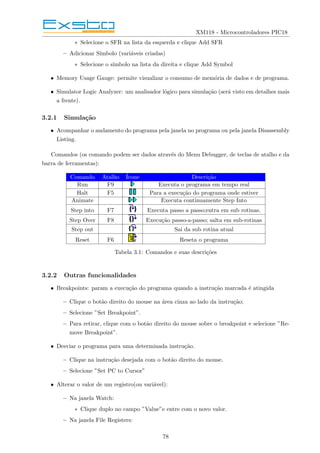 XM118 - Microcontroladores PIC18
∗ Selecione o SFR na lista da esquerda e clique Add SFR
– Adicionar Sı́mbolo (variáveis criadas)
∗ Selecione o sı́mbolo na lista da direita e clique Add Symbol
• Memory Usage Gauge: permite visualizar o consumo de memória de dados e de programa.
• Simulator Logic Analyzer: um analisador lógico para simulação (será visto em detalhes mais
a frente).
3.2.1 Simulação
• Acompanhar o andamento do programa pela janela no programa ou pela janela Disassembly
Listing.
Comandos (os comando podem ser dados através do Menu Debugger, de teclas de atalho e da
barra de ferramentas):
Comando Atalho Ícone Descrição
Run F9 Executa o programa em tempo real
Halt F5 Para a execução do programa onde estiver
Animate Executa continuamente Step Into
Step into F7 Executa passo a passo;entra em sub rotinas.
Step Over F8 Execução passo-a-passo; salta em sub-rotinas
Step out Sai da sub rotina atual
Reset F6 Reseta o programa
Tabela 3.1: Comandos e suas descrições
3.2.2 Outras funcionalidades
• Breakpoints: param a execução do programa quando a instrução marcada é atingida
– Clique o botão direito do mouse na área cinza ao lado da instrução;
– Selecione ”Set Breakpoint”.
– Para retirar, clique com o botão direito do mouse sobre o breakpoint e selecione ”Re-
move Breakpoint”.
• Desviar o programa para uma determinada instrução.
– Clique na instrução desejada com o botão direito do mouse.
– Selecione ”Set PC to Cursor”
• Alterar o valor de um registro(ou variável):
– Na janela Watch:
∗ Clique duplo no campo ”Value”e entre com o novo valor.
– Na janela File Registers:
78
 