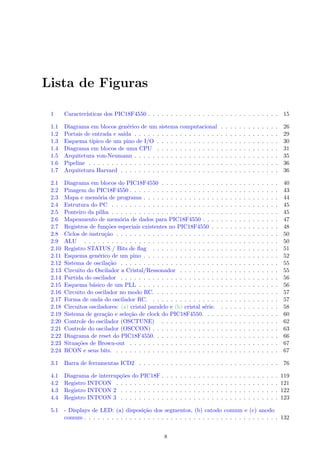 Lista de Figuras
1 Caracterı́sticas dos PIC18F4550 . . . . . . . . . . . . . . . . . . . . . . . . . . . . . 15
1.1 Diagrama em blocos genérico de um sistema computacional . . . . . . . . . . . . . 26
1.2 Portais de entrada e saı́da . . . . . . . . . . . . . . . . . . . . . . . . . . . . . . . . 29
1.3 Esquema tı́pico de um pino de I/O . . . . . . . . . . . . . . . . . . . . . . . . . . . 30
1.4 Diagrama em blocos de uma CPU . . . . . . . . . . . . . . . . . . . . . . . . . . . 31
1.5 Arquitetura von-Neumann . . . . . . . . . . . . . . . . . . . . . . . . . . . . . . . . 35
1.6 Pipeline . . . . . . . . . . . . . . . . . . . . . . . . . . . . . . . . . . . . . . . . . . 36
1.7 Arquitetura Harvard . . . . . . . . . . . . . . . . . . . . . . . . . . . . . . . . . . . 36
2.1 Diagrama em blocos do PIC18F4550 . . . . . . . . . . . . . . . . . . . . . . . . . . 40
2.2 Pinagem do PIC18F4550 . . . . . . . . . . . . . . . . . . . . . . . . . . . . . . . . . 43
2.3 Mapa e memória de programa . . . . . . . . . . . . . . . . . . . . . . . . . . . . . . 44
2.4 Estrutura do PC . . . . . . . . . . . . . . . . . . . . . . . . . . . . . . . . . . . . . 45
2.5 Ponteiro da pilha . . . . . . . . . . . . . . . . . . . . . . . . . . . . . . . . . . . . . 45
2.6 Mapeamento de memória de dados para PIC18F4550 . . . . . . . . . . . . . . . . . 47
2.7 Registros de funções especiais existentes no PIC18F4550 . . . . . . . . . . . . . . . 48
2.8 Ciclos de instrução . . . . . . . . . . . . . . . . . . . . . . . . . . . . . . . . . . . . 50
2.9 ALU . . . . . . . . . . . . . . . . . . . . . . . . . . . . . . . . . . . . . . . . . . . 50
2.10 Registro STATUS / Bits de flag . . . . . . . . . . . . . . . . . . . . . . . . . . . . 51
2.11 Esquema genérico de um pino . . . . . . . . . . . . . . . . . . . . . . . . . . . . . . 52
2.12 Sistema de oscilação . . . . . . . . . . . . . . . . . . . . . . . . . . . . . . . . . . . 55
2.13 Circuito do Oscilador a Cristal/Ressonador . . . . . . . . . . . . . . . . . . . . . . 55
2.14 Partida do oscilador . . . . . . . . . . . . . . . . . . . . . . . . . . . . . . . . . . . 56
2.15 Esquema básico de um PLL . . . . . . . . . . . . . . . . . . . . . . . . . . . . . . . 56
2.16 Circuito do oscilador no modo RC. . . . . . . . . . . . . . . . . . . . . . . . . . . . 57
2.17 Forma de onda do oscilador RC. . . . . . . . . . . . . . . . . . . . . . . . . . . . . 57
2.18 Circuitos osciladores: (a) cristal paralelo e (b) cristal série. . . . . . . . . . . . . . 58
2.19 Sistema de geração e seleção de clock do PIC18F4550. . . . . . . . . . . . . . . . . 60
2.20 Controle do oscilador (OSCTUNE) . . . . . . . . . . . . . . . . . . . . . . . . . . 62
2.21 Controle do oscilador (OSCCON) . . . . . . . . . . . . . . . . . . . . . . . . . . . . 63
2.22 Diagrama de reset do PIC18F4550. . . . . . . . . . . . . . . . . . . . . . . . . . . . 66
2.23 Situações de Brown-out . . . . . . . . . . . . . . . . . . . . . . . . . . . . . . . . . 67
2.24 RCON e seus bits. . . . . . . . . . . . . . . . . . . . . . . . . . . . . . . . . . . . . 67
3.1 Barra de ferramentas ICD2 . . . . . . . . . . . . . . . . . . . . . . . . . . . . . . . 76
4.1 Diagrama de interrupções do PIC18F . . . . . . . . . . . . . . . . . . . . . . . . . . 119
4.2 Registro INTCON . . . . . . . . . . . . . . . . . . . . . . . . . . . . . . . . . . . . 121
4.3 Registro INTCON 2 . . . . . . . . . . . . . . . . . . . . . . . . . . . . . . . . . . . 122
4.4 Registro INTCON 3 . . . . . . . . . . . . . . . . . . . . . . . . . . . . . . . . . . . 123
5.1 - Displays de LED: (a) disposição dos segmentos, (b) catodo comum e (c) anodo
comum . . . . . . . . . . . . . . . . . . . . . . . . . . . . . . . . . . . . . . . . . . . 132
8
 