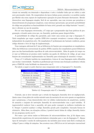 XM118 - Microcontroladores PIC18
cionais em assembly era demorado e dispendioso e todo o trabalho tinha que ser refeito a cada
novo processador criado. Os computadores da época tinham pouca memória e os modelos usados
por Ritchie não eram capazes de implementar operações de ponto flutuante diretamente. Ritchie
desenvolveu uma linguagem simples, fácil de ser aprendida, mas com recursos que permitem o
desenvolvimento de programas complexos, como sistemas operacionais, que permite portabilidade
de código sem prejudicar as funcionalidades de baixo nı́vel, gerando um código bastante ”enxuto”,
isto é, eficiente no uso da memória.
Por ser uma linguagem estruturada, o C exige que o programador siga boas práticas de pro-
gramação, evitando assim erros que, em Assembly, poderiam passar despercebidos.
A portabilidade de código fica garantida, pois existe uma norma que rege a linguagem C.
Todo compilador que segue o padrão ANSI deve conseguir reconhecer o mesmo código gerado,
independente da arquitetura alvo. Os compiladores C profissionais são bastante confiáveis, geram
código eficiente e livre de bugs de implementação.
Uma vantagem adicional do C são as bibliotecas de funções que acompanham os compiladores.
Além das bibliotecas convencionais do padrão ANSI a maioria dos compiladores possui bibliotecas
para uso das funcionalizadas especı́ficas de cada microcontrolador. Além do ganho de tempo em
se usar as bibliotecas já prontas existe também um ganho de eficiência de código, já que essas
funções são normalmente implementadas em Assembly para otimização de memória e tempo.
Como o C é utilizado também em computadores, trata-se de uma linguagem muito difundida
nas escolas e universidade. Também os profissionais que tiveram uma formação acadêmica voltada
para o PASCAL terão facilidade em desenvolver em C.
Na tabela a seguir se pode observar uma comparação entre as linguagens C e Assembly.
Caracterı́stica Assembly C
Eficiência de código Ótima Muito Boa
Velocidade de execução Ótima Muito Boa
Controle do sistema Ótimo Muito Bom
Portabilidade Péssimo Ótimo
Depuração Muito difı́cil Fácil
Programação Não-estruturada Estruturada
Bibliotecas de funções Não Há Padronizadas e especı́ficas
Tabela 4.2: Comparação entre C e Assembly
Contudo, não se deve entender que o estudo da linguagem Assembly deve ser negligenciado.
Assim como o bom piloto de corrida entende tanto da mecânica de seu carro quanto os engenheiros
que o projetaram, o bom desenvolvedor deve ter sólidos conhecimentos da arquitetura, modelo
de memória e conjunto de instruções Assembly do microcontrolador com o qual trabalha. É
imprescindı́vel conhecer bem o assembly, até para poder conseguir os melhores resultados em
C. Sempre é possı́vel analisar o código Assembly gerado pelo compilador, buscando formas de
otimizá-lo. Além disso, em situações crı́ticas, é possı́vel inserir linhas de código Assembly dentro
de um programa escrito em C.
Por essas e por outras razões os fabricantes de microcontroladores têm, já há alguns anos,
desenvolvido arquiteturas de microcontroladores otimizadas para o uso da linguagem C. Alguns
tipos de instruções e modos de endereçamento são incluı́dos para tornar mais fácil a tradução do
código C para o código de máquina. Isso acontece com o PIC18 no set de instruções convencional
88
 