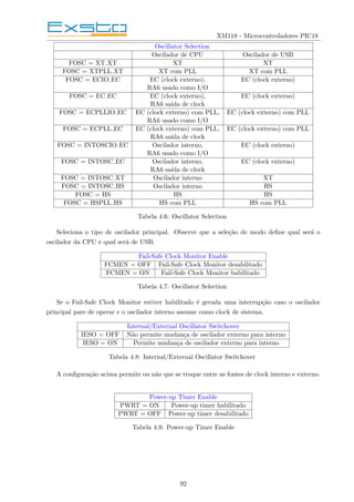 XM118 - Microcontroladores PIC18
Oscillator Selection
Oscilador de CPU Oscilador de USB
FOSC = XT XT XT XT
FOSC = XTPLL XT XT com PLL XT com PLL
FOSC = ECIO EC EC (clock externo), EC (clock externo)
RA6 usado como I/O
FOSC = EC EC EC (clock externo), EC (clock externo)
RA6 saı́da de clock
FOSC = ECPLLIO EC EC (clock externo) com PLL, EC (clock externo) com PLL
RA6 usado como I/O
FOSC = ECPLL EC EC (clock externo) com PLL, EC (clock externo) com PLL
RA6 saı́da de clock
FOSC = INTOSCIO EC Oscilador interno, EC (clock externo)
RA6 usado como I/O
FOSC = INTOSC EC Oscilador interno, EC (clock externo)
RA6 saı́da de clock
FOSC = INTOSC XT Oscilador interno XT
FOSC = INTOSC HS Oscilador interno HS
FOSC = HS HS HS
FOSC = HSPLL HS HS com PLL HS com PLL
Tabela 4.6: Oscillator Selection
Seleciona o tipo de oscilador principal. Observe que a seleção de modo define qual será o
oscilador da CPU e qual será de USB.
Fail-Safe Clock Monitor Enable
FCMEN = OFF Fail-Safe Clock Monitor desabilitado
FCMEN = ON Fail-Safe Clock Monitor habilitado
Tabela 4.7: Oscillator Selection
Se o Fail-Safe Clock Monitor estiver habilitado é gerada uma interrupção caso o oscilador
principal pare de operar e o oscilador interno assume como clock de sistema.
Internal/External Oscillator Switchover
IESO = OFF Não permite mudança de oscilador externo para interno
IESO = ON Permite mudança de oscilador externo para interno
Tabela 4.8: Internal/External Oscillator Switchover
A configuração acima permite ou não que se troque entre as fontes de clock interno e externo.
Power-up Timer Enable
PWRT = ON Power-up timer habilitado
PWRT = OFF Power-up timer desabilitado
Tabela 4.9: Power-up Timer Enable
92
 