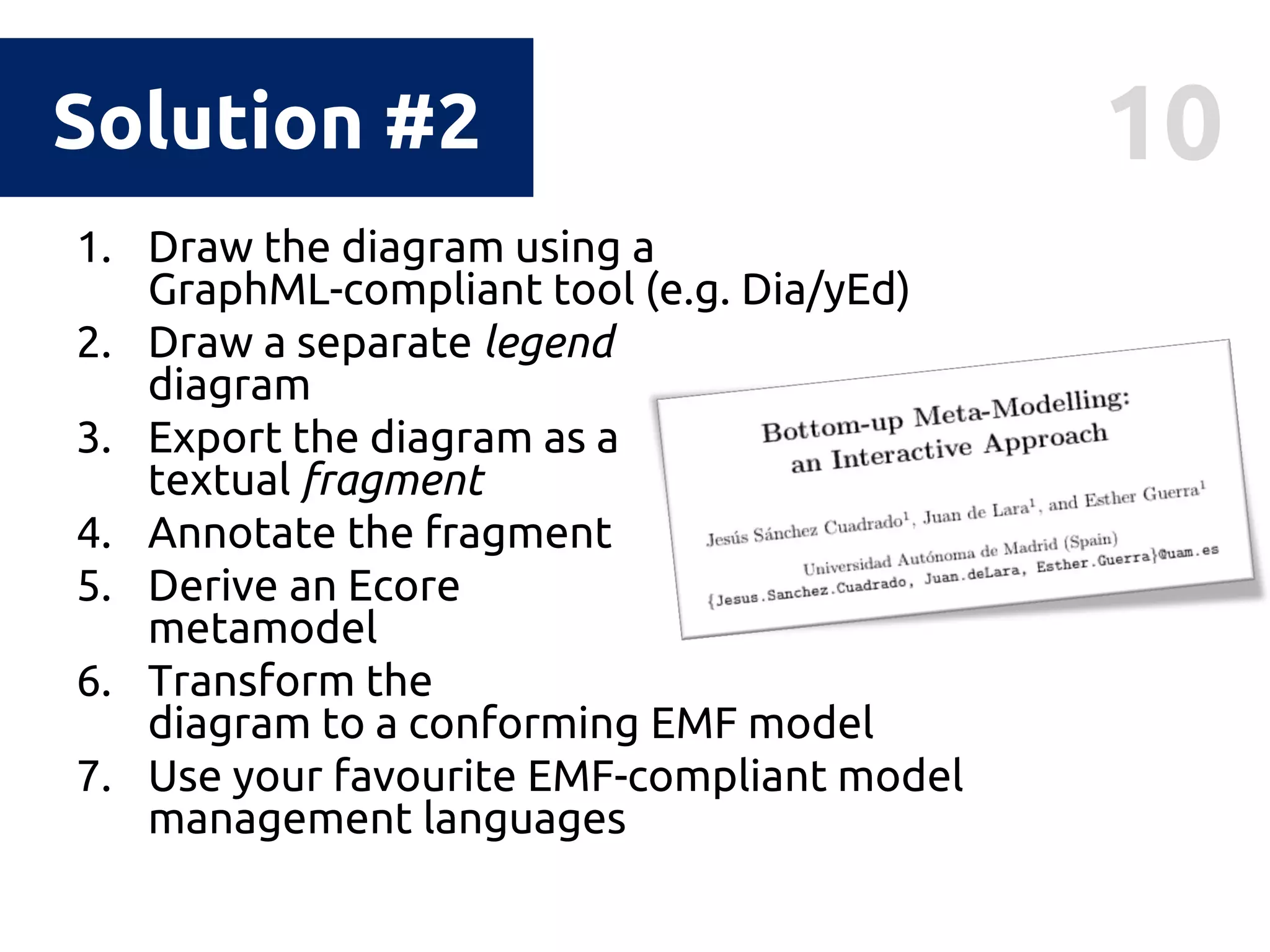 10Solution #2
1. Draw the diagram using a
GraphML-compliant tool (e.g. Dia/yEd)
2. Draw a separate legend
diagram
3. Export the diagram as a
textual fragment
4. Annotate the fragment
5. Derive an Ecore
metamodel
6. Transform the
diagram to a conforming EMF model
7. Use your favourite EMF-compliant model
management languages
 
