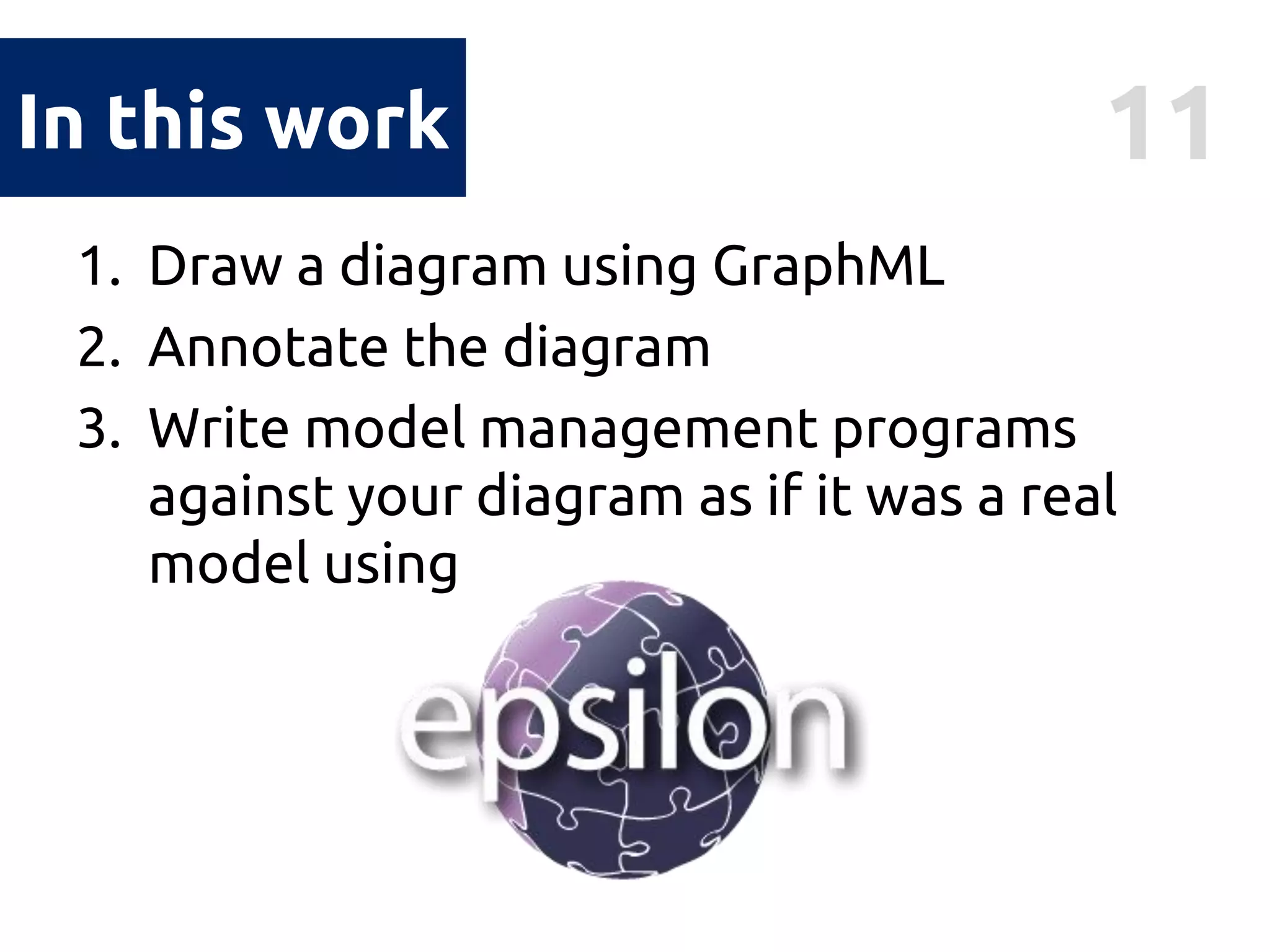 11In this work
1. Draw a diagram using GraphML
2. Annotate the diagram
3. Write model management programs
against your diagram as if it was a real
model using
 