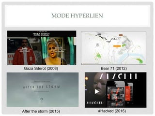 MODE HYPERLIEN
#Hacked (2016)
Gaza Sderot (2008) Bear 71 (2012)
After the storm (2015)
 