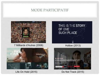 MODE PARTICIPATIF
Do Not Track (2015)
Hollow (2013)7 Milliards d’Autres (2008)
Life On Hold (2015)
 