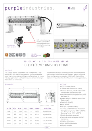 page 9
The Xtreme Marine Series XM5 watt bar lights are a high
output LED with specifically designed circuitry to service
under high temperatures making these lights ideal for heavy
industry applications such as mining and remote farming in
the outback of our country.
Supplied with multiple mounting options, the standard end
brackets and adjustable sliding brackets. Making mounting
these bar lights extremely easy. Additionally the stainless
steel mounting bolts also allow for use in marine applications.
• 50,000 Hours Lifespan
• Cree 5W High-Powered LED Chips
• Abrasion Resistant, virtually unbreakable
optically clear polycarbonate lens
• 94% efficient for more light with less power
and longer life
• Sealed Deutsch Connector with 450mm
Cable Length
• Runs on 9 - 36 V DC
• IP68 Certified
• 30º Spot  65º Flood Optic
• Durable UV 3800 Polyester Powdercoat
• Wiring Operating Temp: -60º C to 130º C
• Operating Temp: -40º C to 125º C
• Over/under voltage protection
• Electrically protected against RFI/EMC
interference
• CE  RoHS Compliant
• 6063 Aluminium Extrusion
• Vibration certified
O V E R V I E W
D E T A I L SD I M E N S I O N S
3 0 - 2 0 0 W A T T / 2 4 , 0 0 0 L U M E N M A R I N E
LED ‘XTREME’ XM5 LIGHT BAR
D
G
E
63.5mm
66mm
109mm
XM5
W A T T S D ( m m ) E ( m m ) G ( m m ) L E D S L U M E N S PROD/CODE
30W 203 251.5 152.4 6 3,600 EVB MR 30WF
50W 305 353 254 10 6,000 EVB MR 50WF
100W 559 607 508 20 12,000 EVB MR 100WC
150W 813 861 762 30 18,000 EVB MR 150WC
200W 1067 1115 1016 40 24,000 EVB MR 200WC
S - S P O T , F - F L O O D , C - C O M B O
INCLUDES
SEALED DEUTSCH
CONNECTOR
10WATT
L.E.D.S
3WATT
L.E.D.S
5TT
D.S VIBRATION
RATING
rms
16.5G
6063
HOUSING
AL
IP-68
WATERPROOF
9 – 32V
DC INPUT
Multi Volt
CISPR 25
EMI RFI
RATED
10WATT
L.E.D.S
3WATT
L.E.D.S
5WATT
L.E.D.S VIBRATION
RATING
rms
16.5G
6063
HOUSING
AL
IP-68
WATERPROOF
9 – 32V
DC INPUT
Multi Volt
CISPR 25
EMI RFI
RATED
Fully adjustable sliding
bracket system offers
greater versatility and
flexibility for mounting
our bar lights
SLIDING BAR
LIGHT BRACKET
 