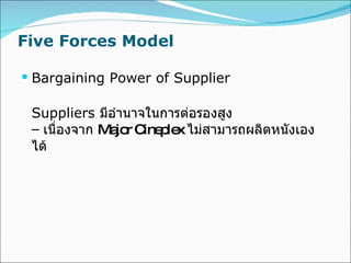 Five Forces Model Bargaining Power of Supplier Suppliers  มีอำนาจในการต่อรองสูง –   เนื่องจาก  Major Cineplex  ไม่สามารถผลิตหนังเองได้ 