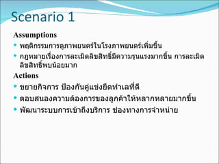 Scenario 1 Assumptions พฤติกรรมการดูภาพยนตร์ในโรงภาพยนตร์เพิ่มขึ้น กฎหมายเรื่องการละเมิดลิขสิทธิ์มีความรุนแรงมากขึ้น การละเมิดลิขสิทธิ์พบน้อยมาก Actions ขยายกิจการ ป้องกันคู่แข่งยึดทำเลที่ดี ตอบสนองความต้องการของลูกค้าให้หลากหลายมากขึ้น พัฒนาระบบการเข้าถึงบริการ ช่องทางการจำหน่าย 