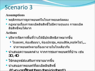 Scenario 3 Assumptions พฤติกรรมการดูภาพยนตร์ในโรงภาพยนตร์ลดลง กฎหมายเรื่องการละเมิดลิขสิทธิ์ไม่มีความรุนแรง การละเมิดลิขสิทธิ์พบได้มาก Actions บริหารจัดการพื้นที่ว่างให้มีประสิทธิภาพมากขึ้น โรงละคร ,  ห้องสัมมนา ,  ห้องประชุม ,  คอนเสิร์ต , ทอร์คโชว์ ,... นำภาพยนตร์หลายเรื่องมาฉายในโรงเดียวกัน นำเสนอความแตกต่าง จากการชมภาพยนตร์ที่บ้าน เช่น  3D, 4D ใช้กลยุทธ์ส่งเสริมการขายมากขึ้น นำเสนอภาพยนตร์ที่ละเมิดลิขสิทธิ์ (If you can’t beat them, then join them!!) 